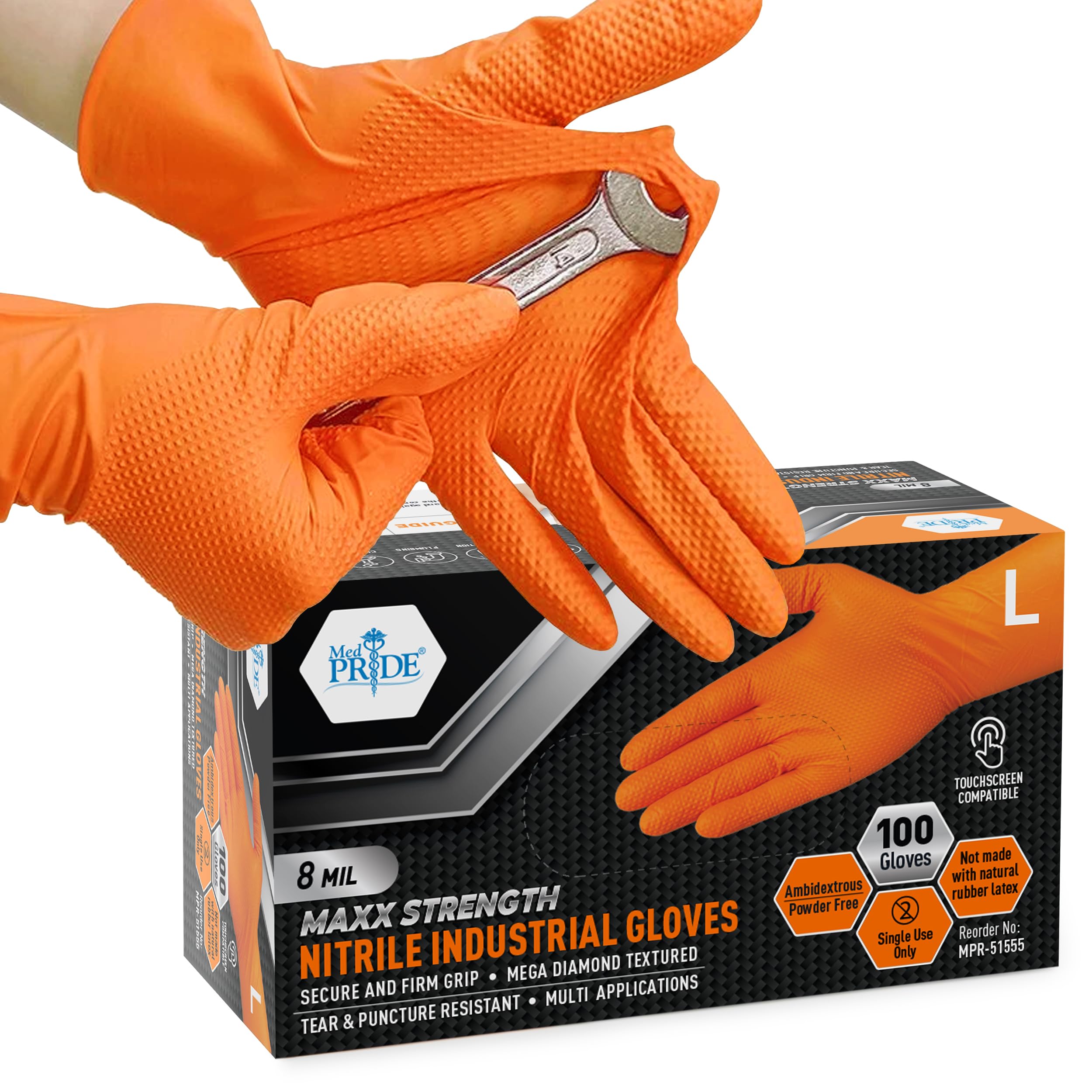 MED PRIDE Maxx Strength - Guantes industriales de nitrilo de 8 mm de grosor - Textura de diamante - Guantes de seguridad desechables y resistentes al desgarro para el manejo de los