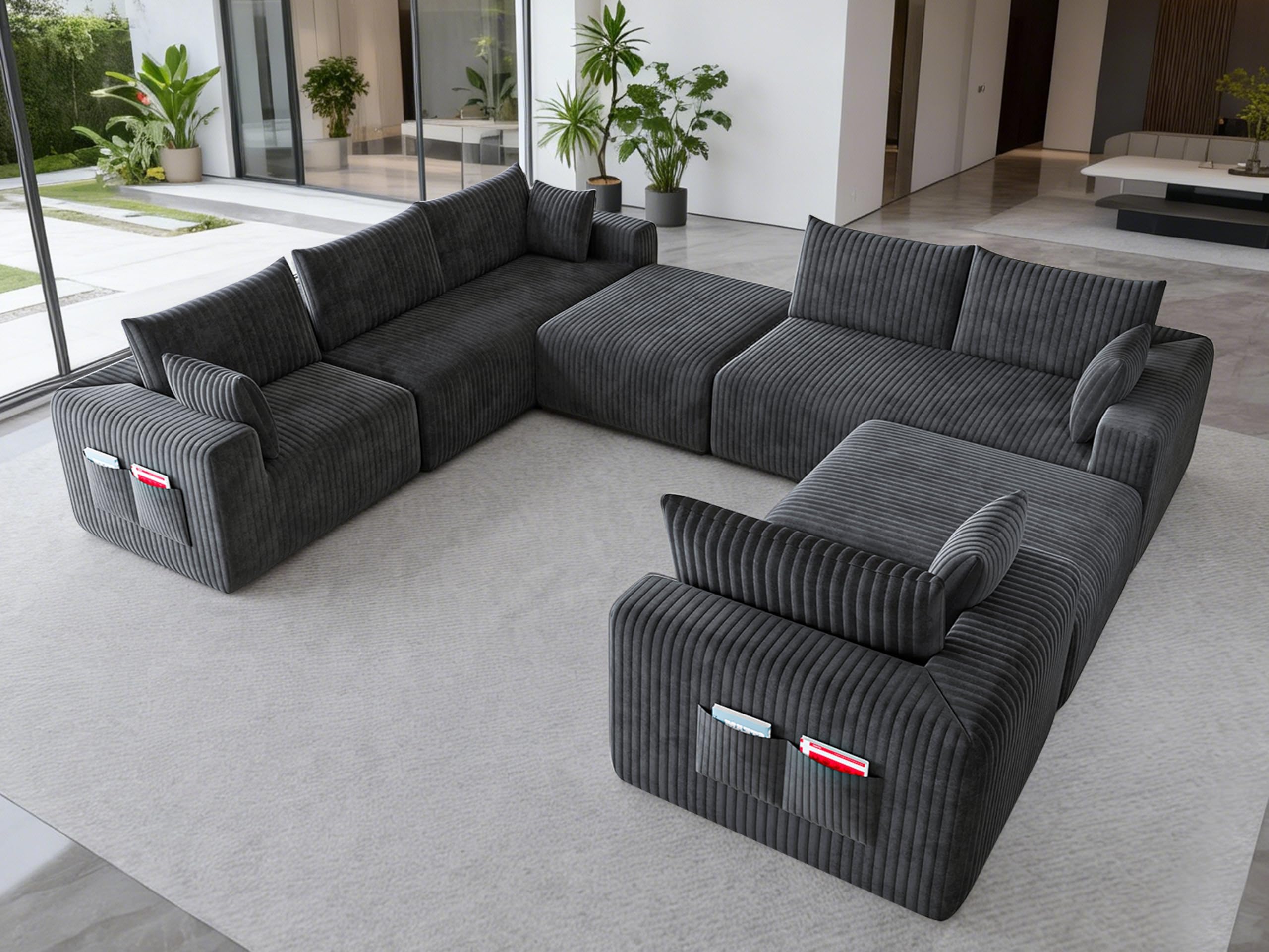 146" Oversized Boneless Couch, Modular Sectional Couches for Living Room, U-Shaped Deep Seat Chaise with Side Pockets, No Assembly Required, Plush Corduroy Fabric Sleeper Sofa, Dark Gray