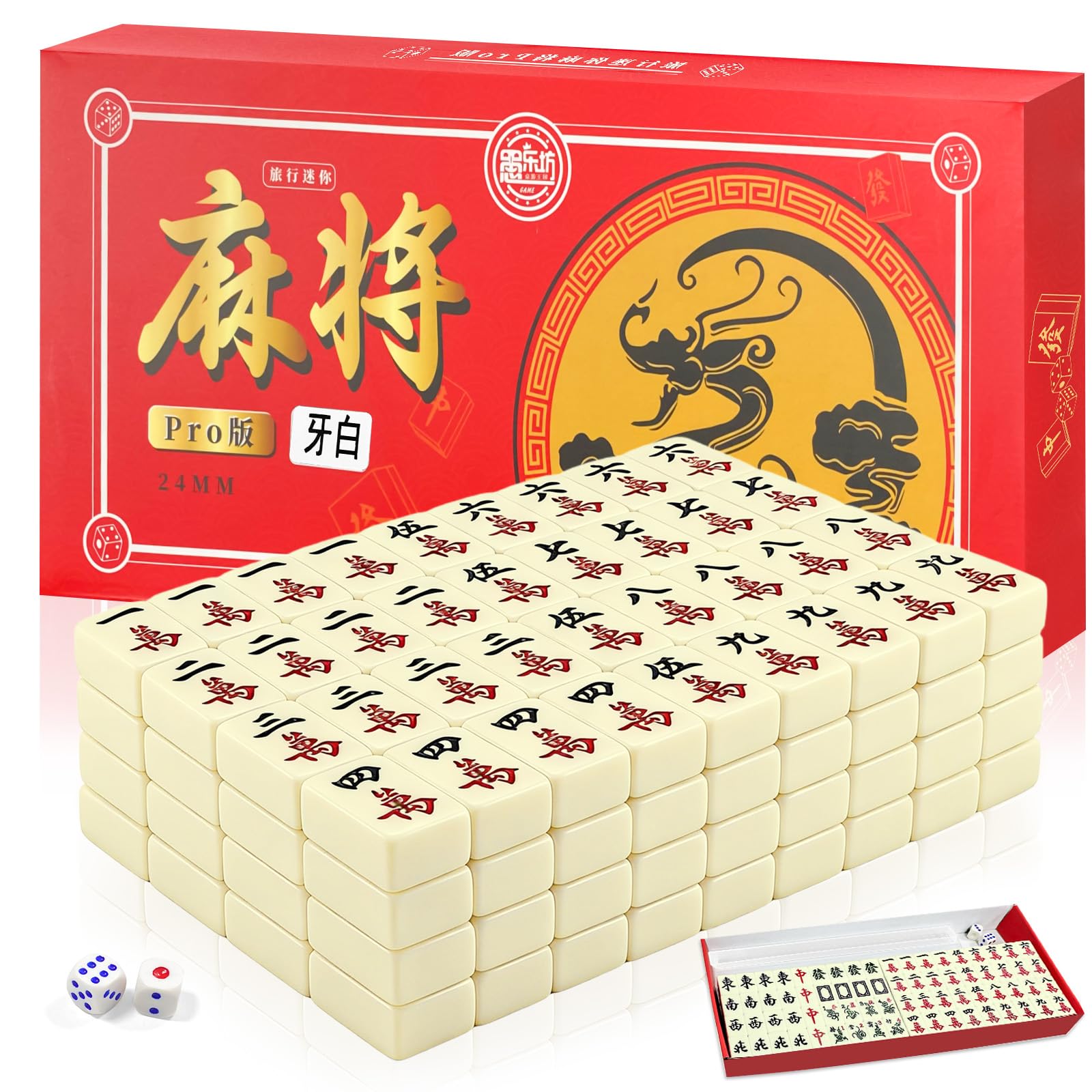 Mini Jeu de Mahjong 24mm, Jeu de société Portable Traditionnel avec 144 tuiles, 4 chevalets et 2 dés, Jeu de Voyage Compact et Tactique pour Adultes (Blanc Ivoire)