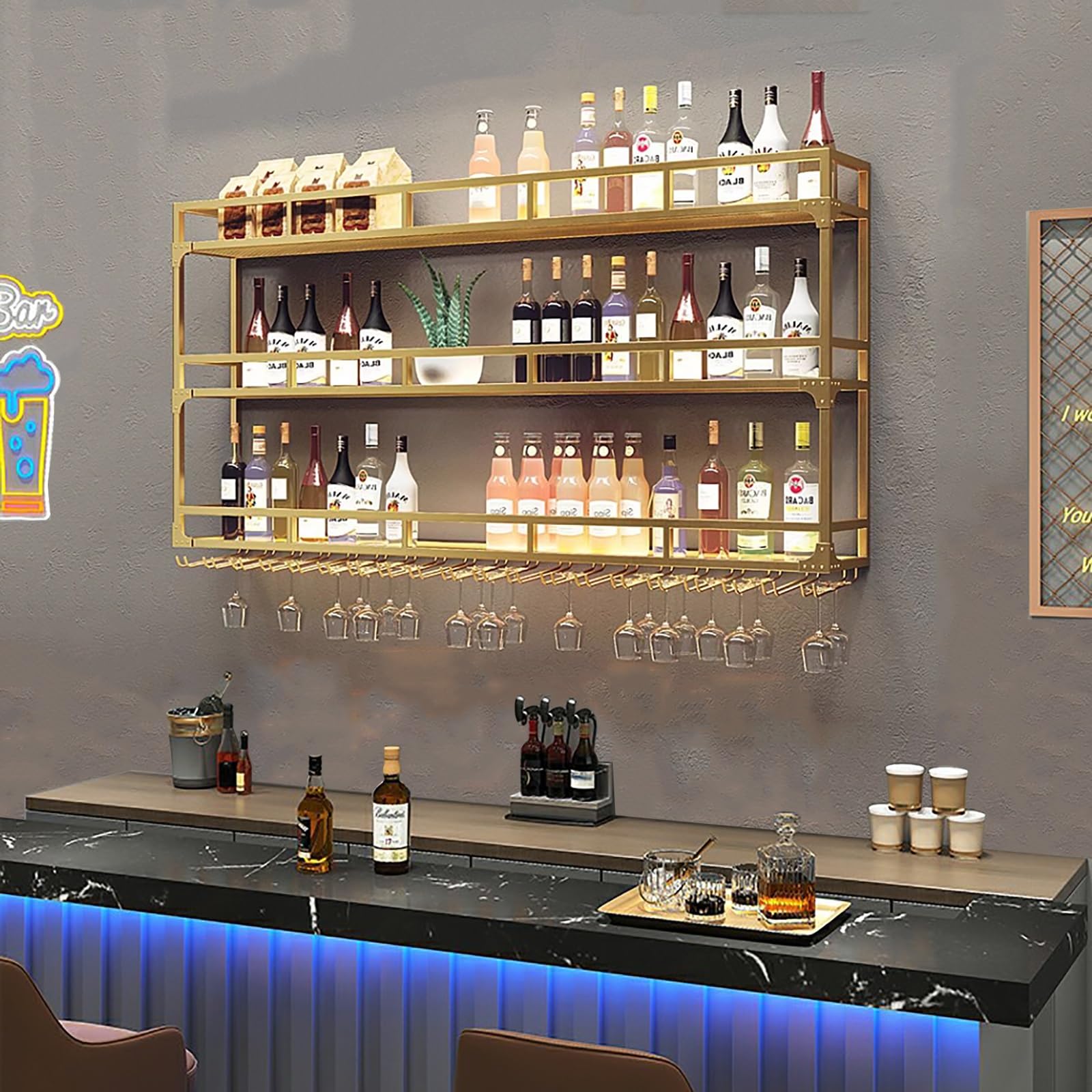 Estante Para Vino De Pared,Botellero De Pared Con Soporte For Copas,Soporte De Vino De Pared De Hierro,Organizador De Botellas De Vino De Pared,Estantería Para Vino,Soporte Para Cocina Comedor Bar(Gol
