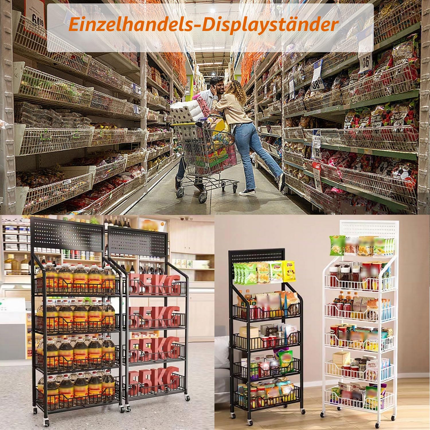 Süßigkeiten-Ausstellungsständer für den Einzelhandel, 5-stufiger Snack-Ausstellungsständer aus Metall, kommerzielles Snack-Regal für Supermärkte mit Rädern und 15 Haken,Schwarz,5 Tier