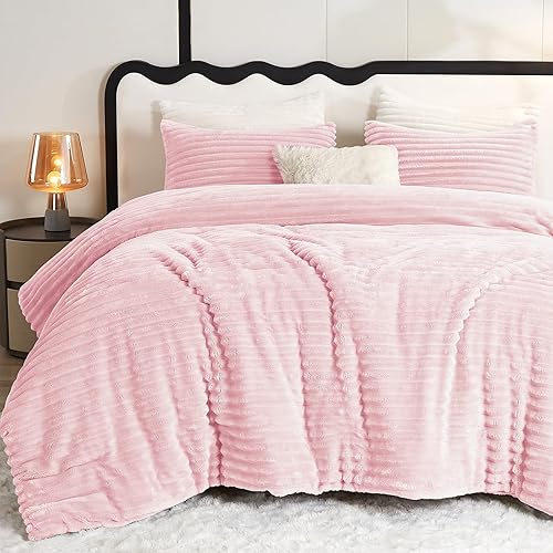 CozyLux Fluffy Queen Comforter Set - Super Soft Faux Fur Pink Comforter Queen Size, Winter Warm Fleece Bedding Set, 3 Pieces Plush Fuzzy Bed Set (1 Shaggy Comforter, 2 Pillowcases)