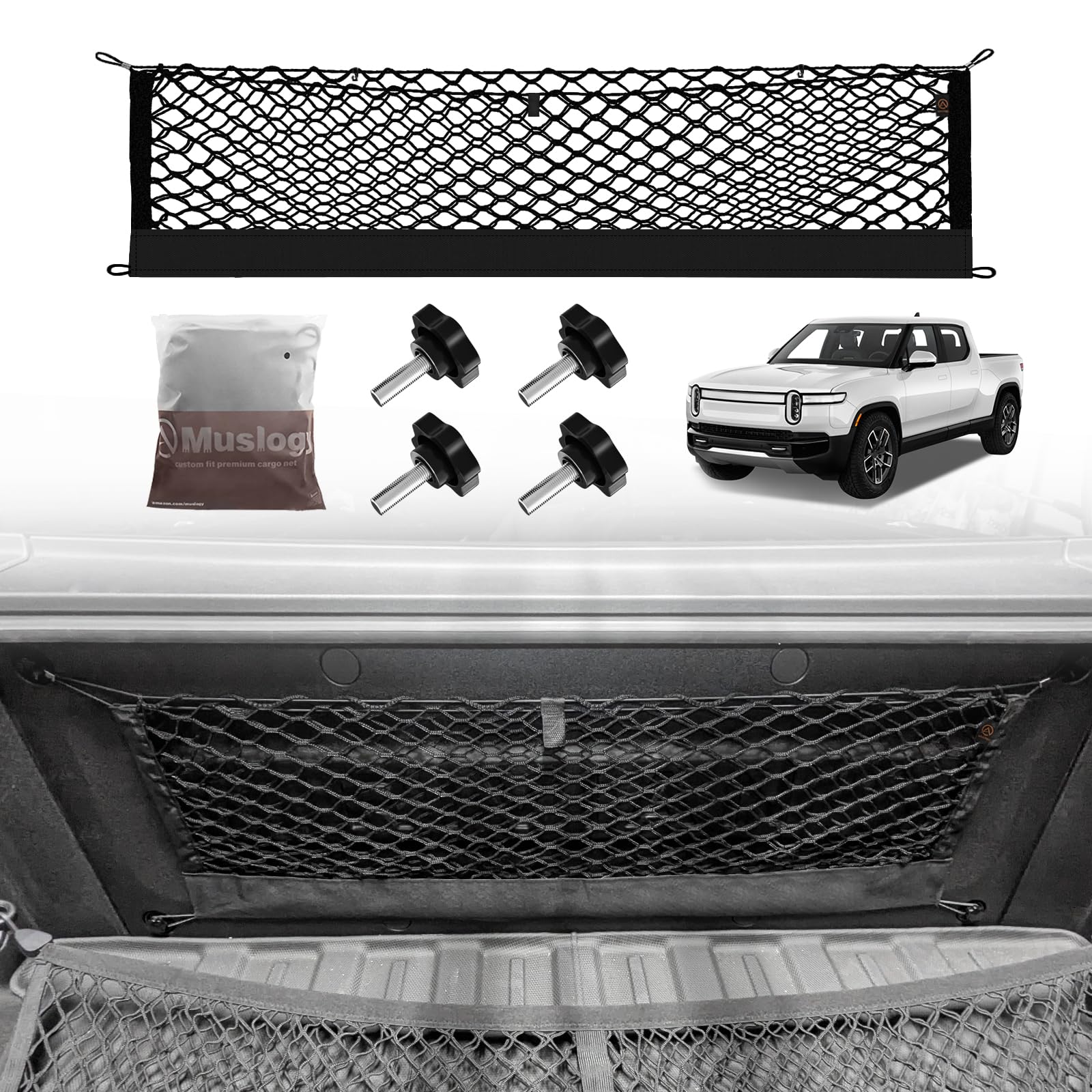 Muslogy Truck Bed Cargo Net Compatible with Rivian R1T 2022-2024 2025 Accessories Storage Organizer Pickup Front Truck Bed Envelope Style Cargo Net