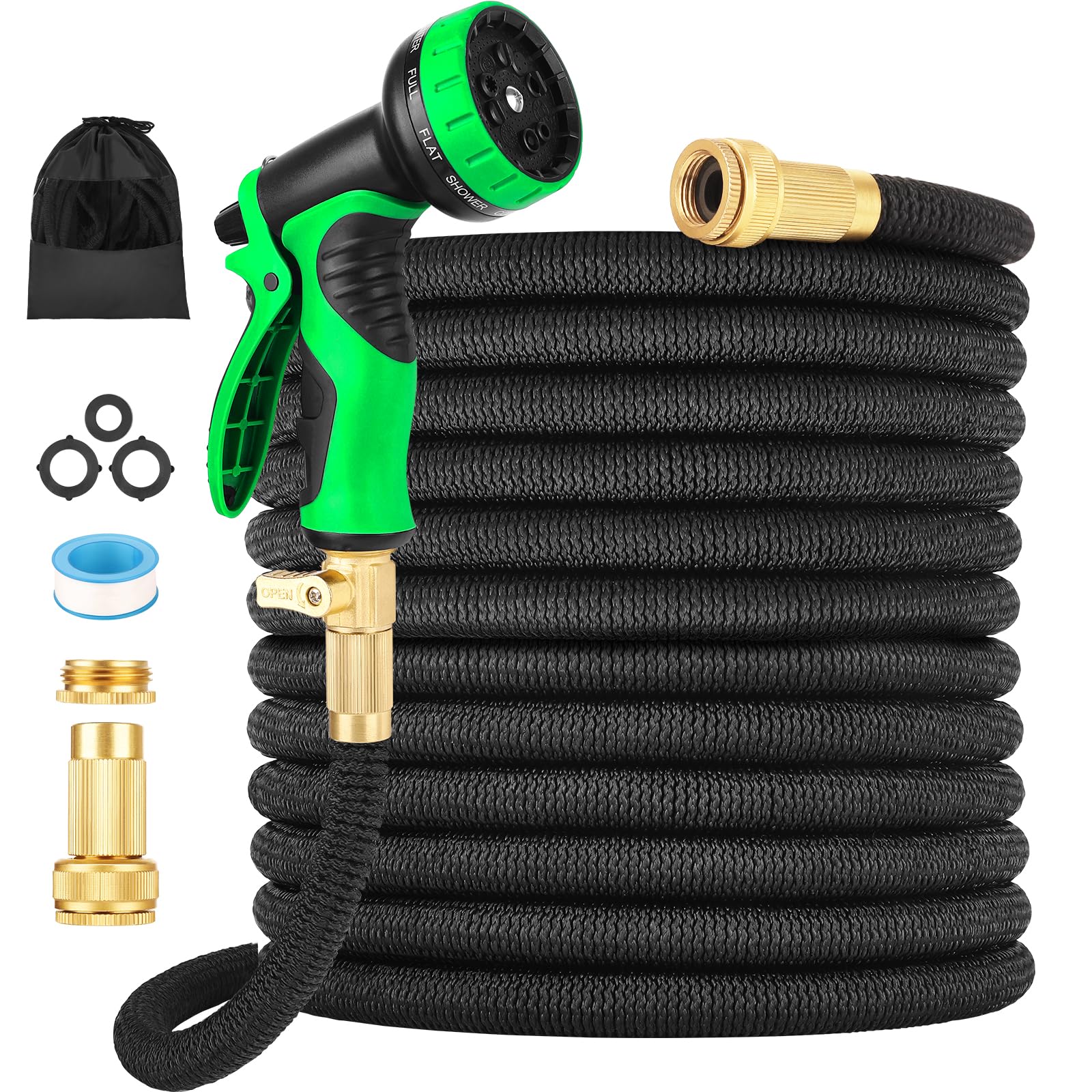 Garden Hose, Upgraded 4-Layer Latex Hose Pipe, Flexible Hose Pipe with 10 Function Nozzle, 3/4" 1/2" Brass Connectors, No-Kink Flexible Water Hose for Gardening, Car Washing & Pet Bath(75FT, Black)