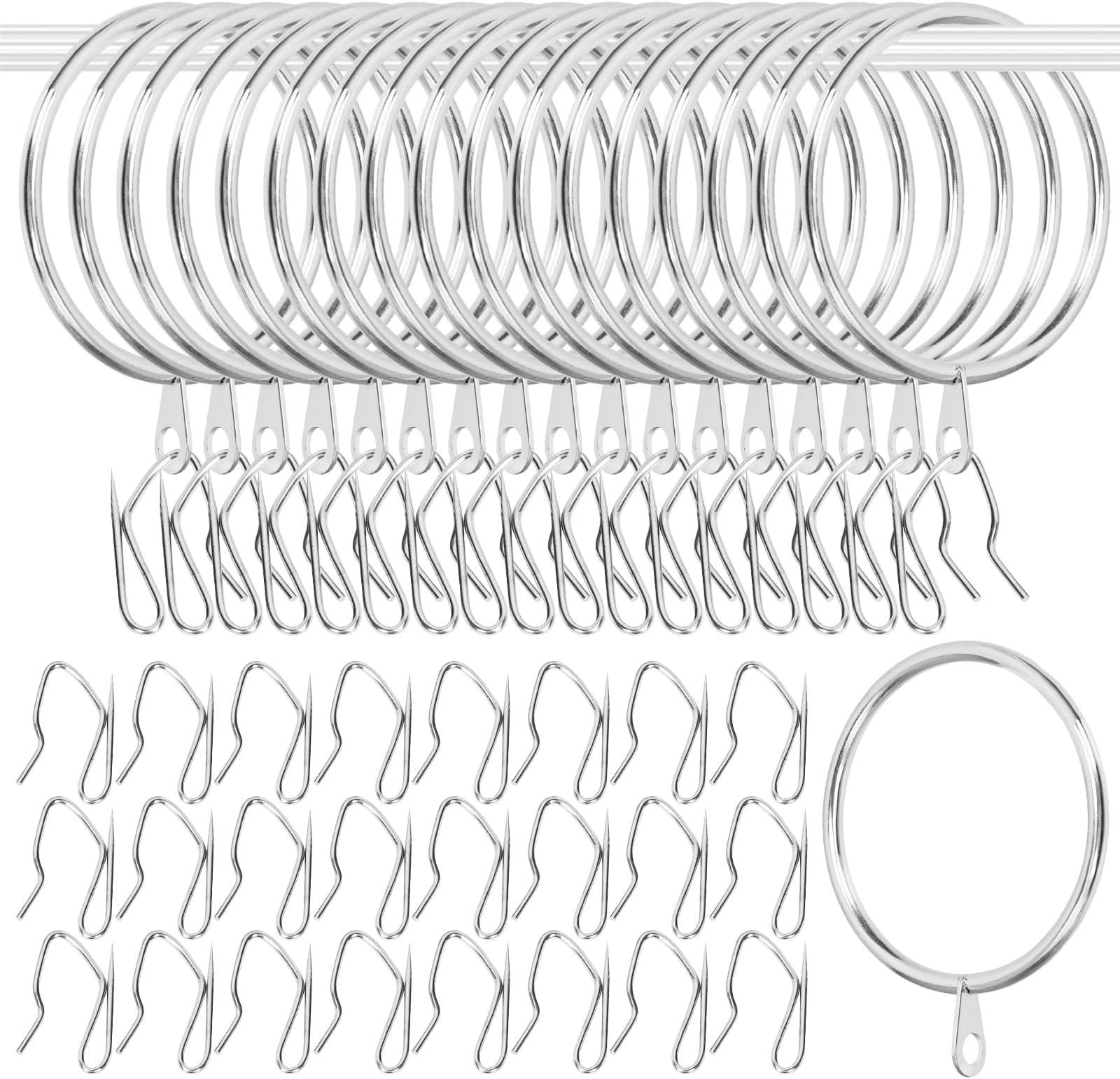 30 Sets 42mm/1.7inch Silvery Metal Drapery Curtain Hanging Rings Set, includes 30pcs Curtain Rings and 30pcs Drapery Pin Hooks, Drape Sliding Eyelet Rings for Sliding Window Bathroom Door