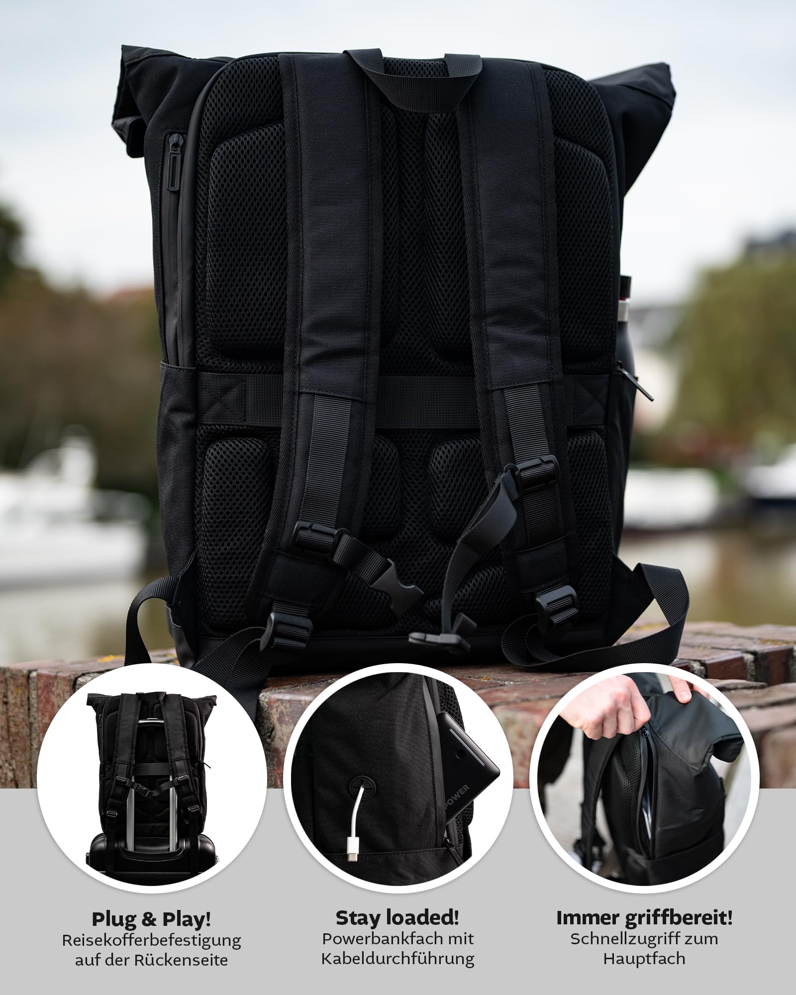 Nouvari Rolltop Rucksack Herren Damen Wasserabweisender Rucksack schwarz mit 17" Laptopfach für Uni Arbeit Freizeit Reiserucksack Groß Backpack Wanderrucksack Rollrucksack 30l