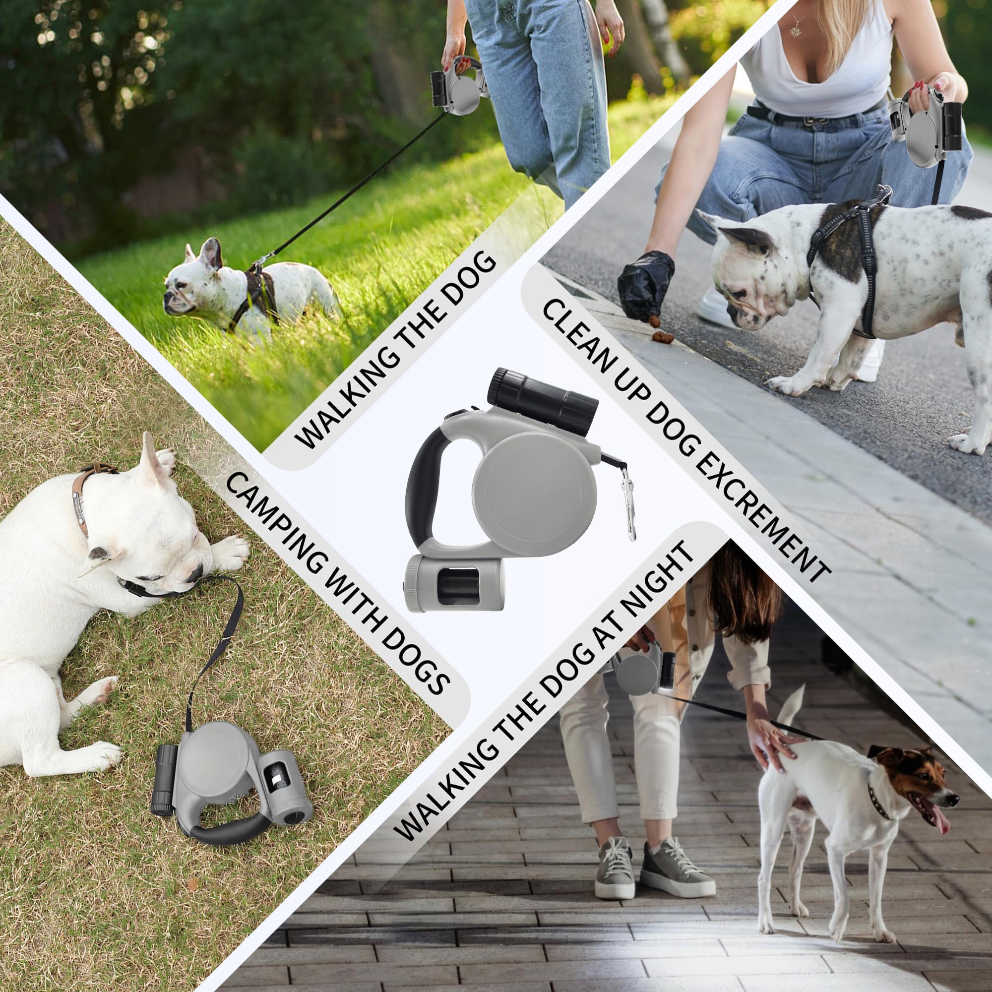 Laisse rétractable pour grand chien avec lampe de poche amovible et distributeur de sacs à déjections canines