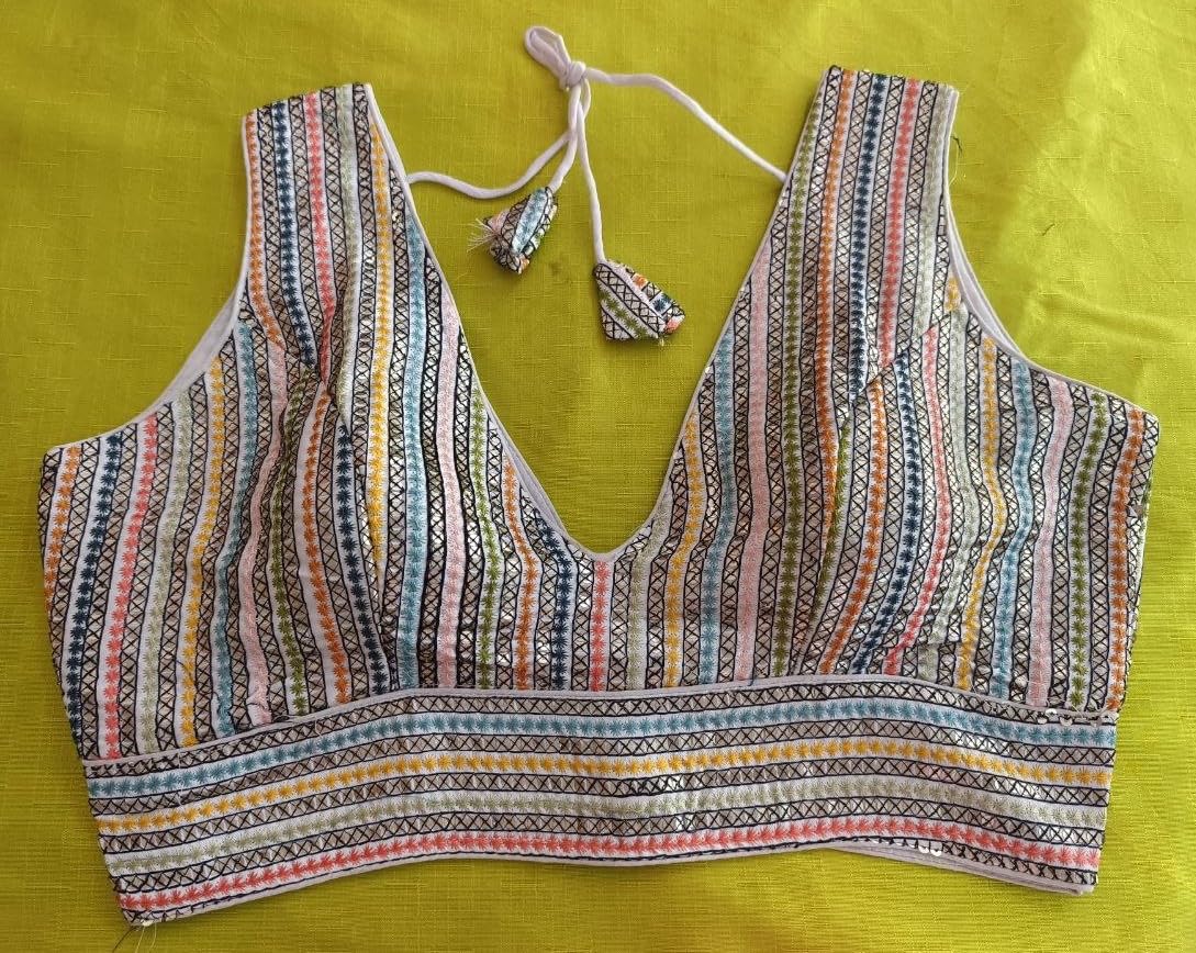 Vihu Fashion Women's Sleeveless Readymade Sabyasachi Pattern V Neck Blouse Embroidery Work With Sequence Blouse Indian Ethnic Wear Readymade Saree White Color Blouse For Lehenga Choli Stylis