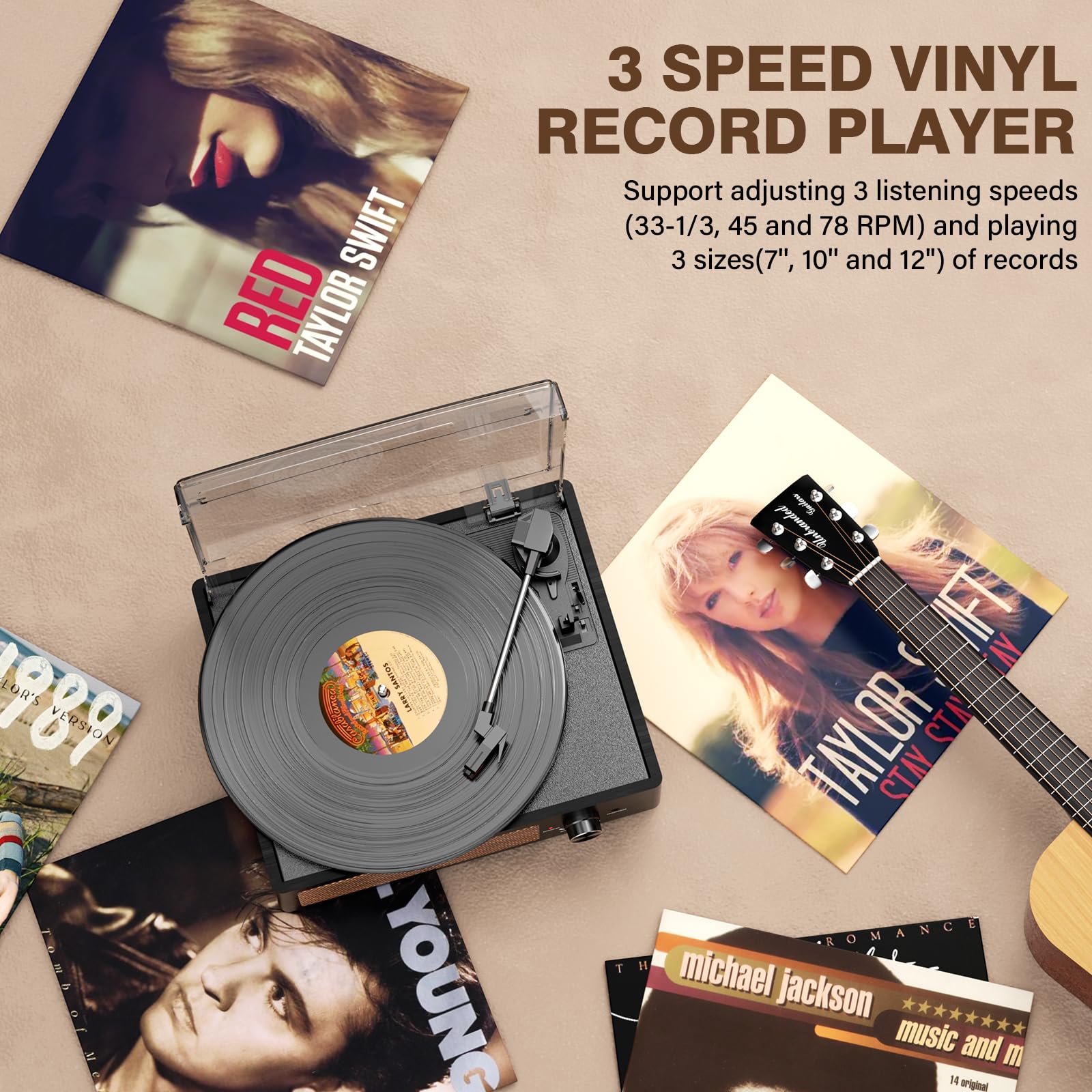Giradischi per vinile con 2 altoparlanti integrati, giradischi in vinile LP con trasmissione a cinghia vintage 3 velocità 3 dimensioni, riproduzione wireless Bluetooth, ingresso AUX, uscita RCA