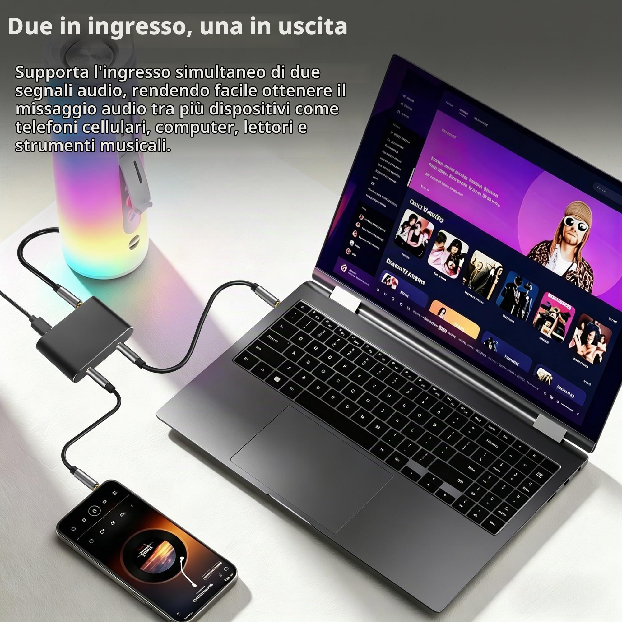 GINTOOYUN Mixer audio stereo da 3,5 mm 2 in 1 out mini mixer audio stereo da 3,5 mm con cavo di ricarica USB da 1,64 m per laptop, telefoni, cuffie, altoparlanti, ecc
