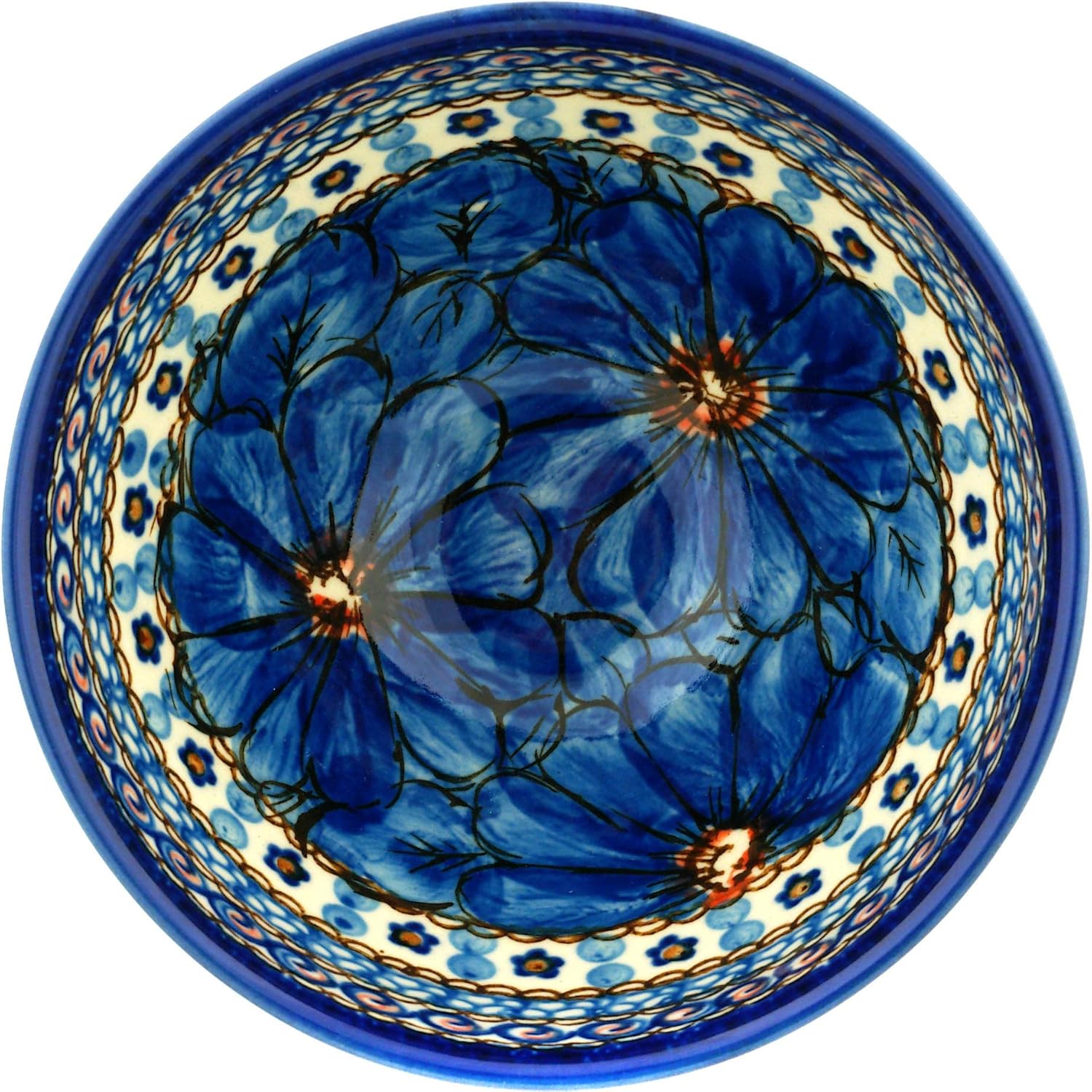 Polmedia Polish Pottery Bowl with Pedestal 5-inch UNIKAT - Cobalt Poppies Pattern Handmade in Boleslawiec Poland by Ceramika Artystyczna + Certificate of Authenticity