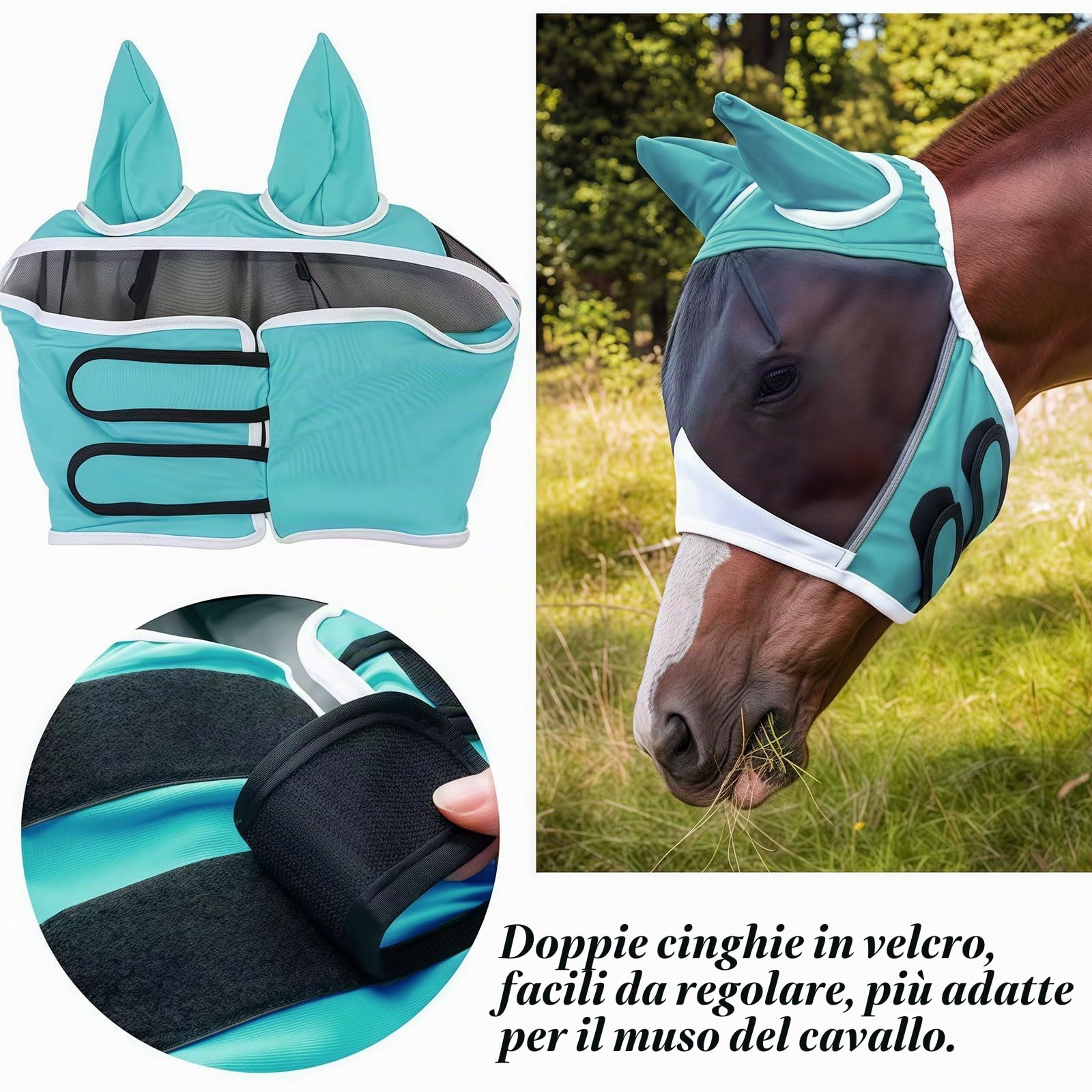 Maschera antimosche per cavalli, traspirante, elastica, grande spazio per gli occhi, zanzare e insetti, con orecchie, per cavalli (M)