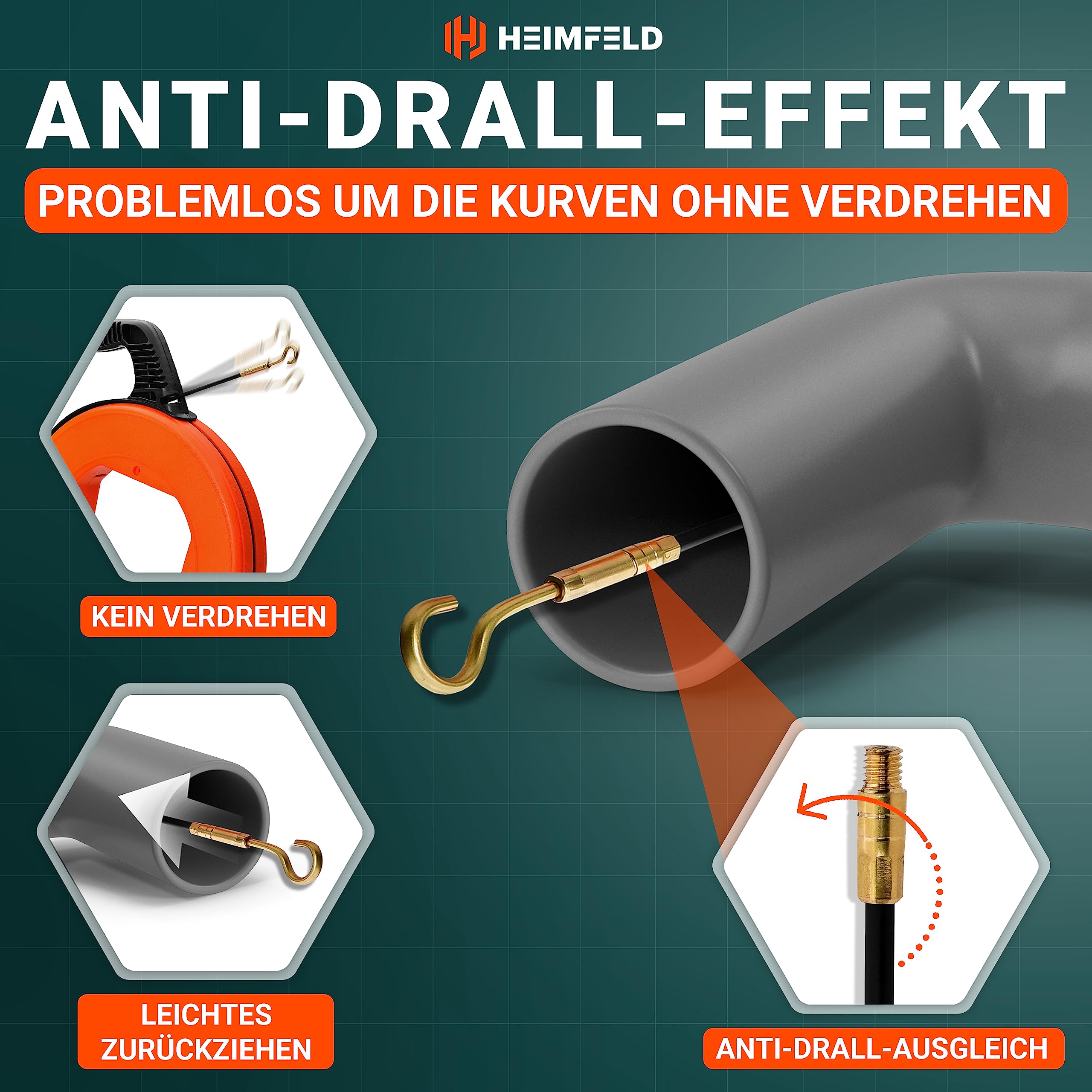 Kabeleinziehhilfe 30M - Hochwertige Einziehspirale inkl. 6 Adapter - Zugdraht für Leerrohre mit bruchsicherem Kabel [4mm] - Einziehfeder mit verbesserter Version [2024] - Einziehhilfe