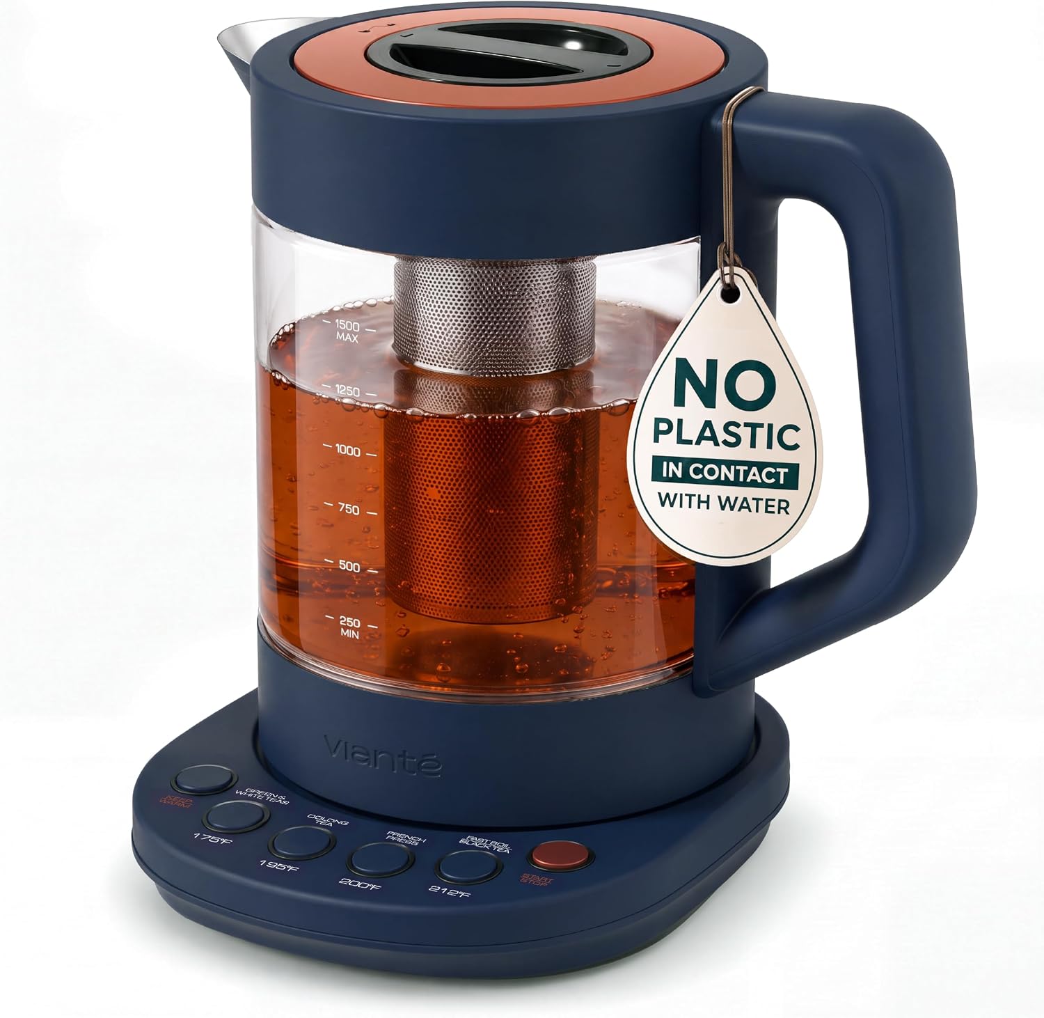 Viante Alba Electric Tea Kettle, Infuser, No Plastic, 1.5L, Midnight Blue