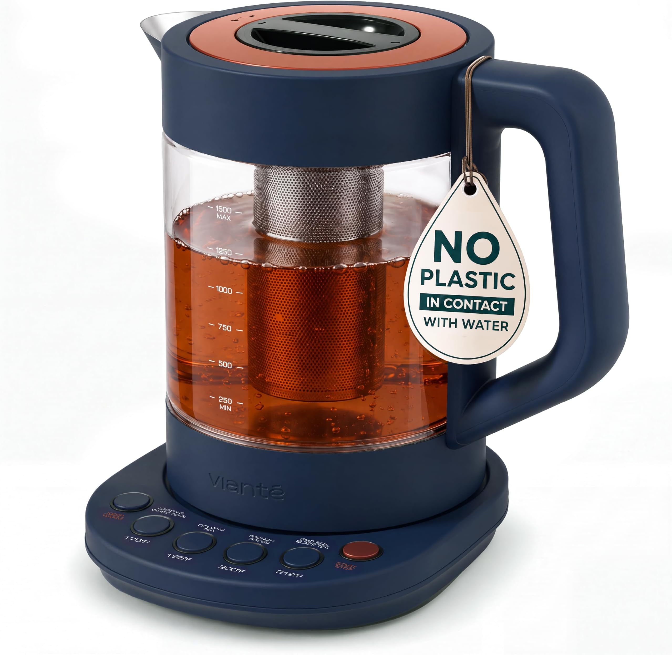 Hot Tea Maker Electric Glass Kettle with tea infuser and temperature control. Automatic Shut off. Brewing Programs for your favorite teas and Coffee. 1.5 Liters capacity. | Midnight Blue Color