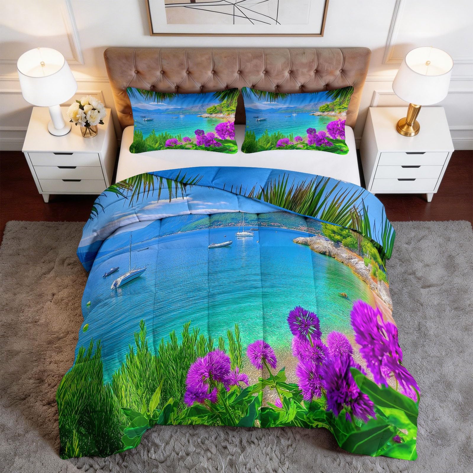 Generico Zimowa kołdra puchowa 140 x 200 cm, morze śródziemnomorskie, kwiaty palmowe, koc z tworzywa sztucznego 400 g/m², ciepła i stylowa, antyalergiczna i oddychająca pościel - 3-częściowy zestaw