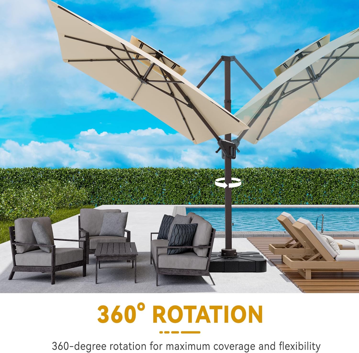 10x13 FT Cantilever Patio Umbrella with Base Included Double Top Outdoor Rectangular Large Heavy Duty Aluminum Offset Umbrellas with 7 Level Tilt 360-degree Rotation for Pool Garden Deck, Beige