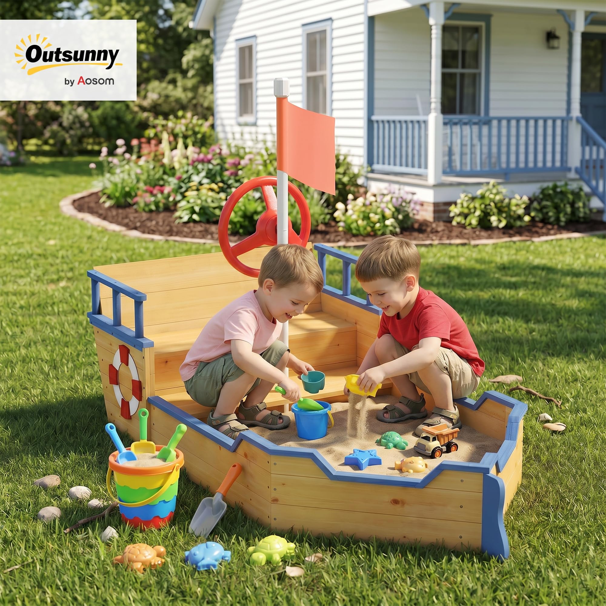 Outsunny Arenero Infantil de Madera Diseño de Galeón con 2 Escalones Banco con Almacenaje Bandera y Timón Cajón de Arena de Jardín para Niños de +3 Años 158x78x45,5 cm Natural