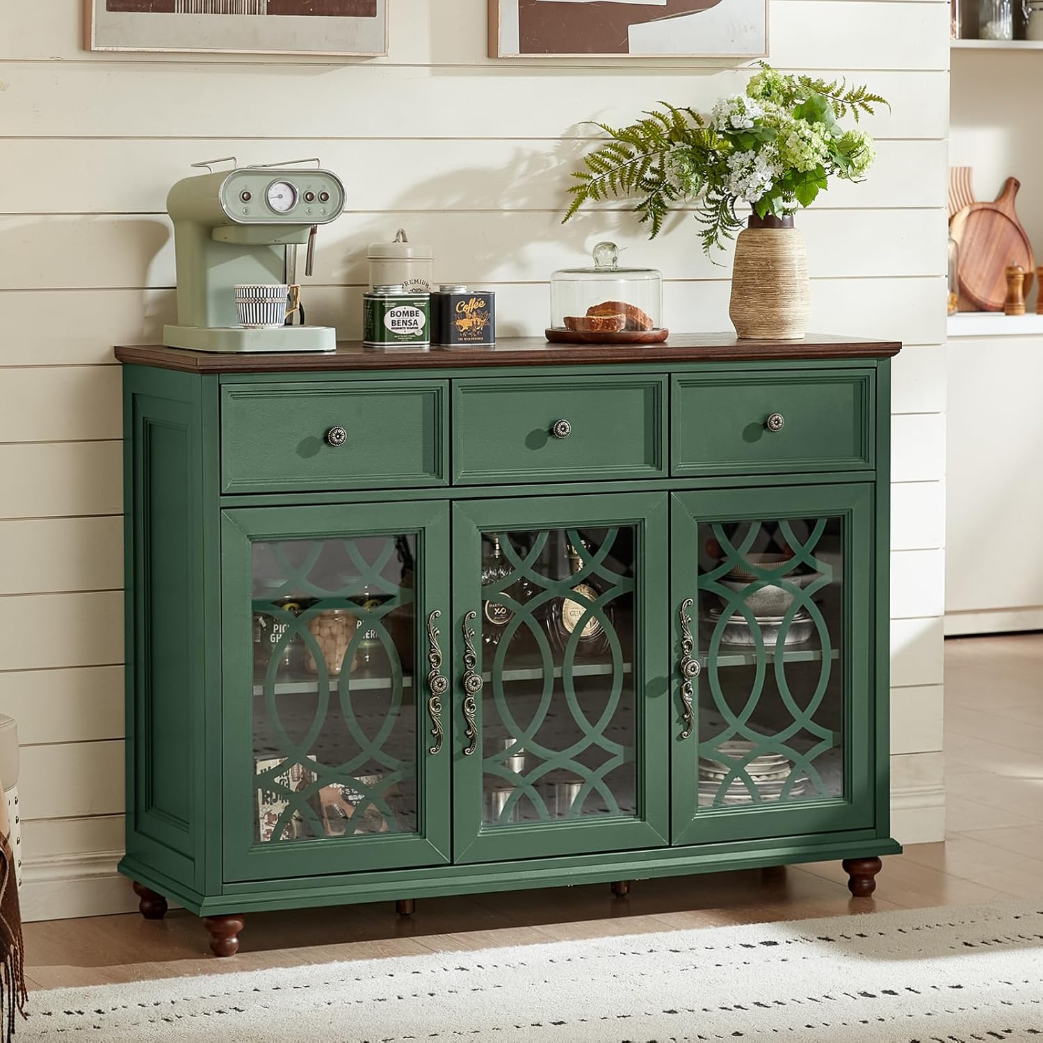 Farmhouse Sideboard Buffet Cabinet with Storage,48" Large Credenza with 3 Glass Doors & 3 Drawers,Adjustable Shelves Console Table,Wood Kitchen Coffee Bar for Dining Room,Living Room,Green