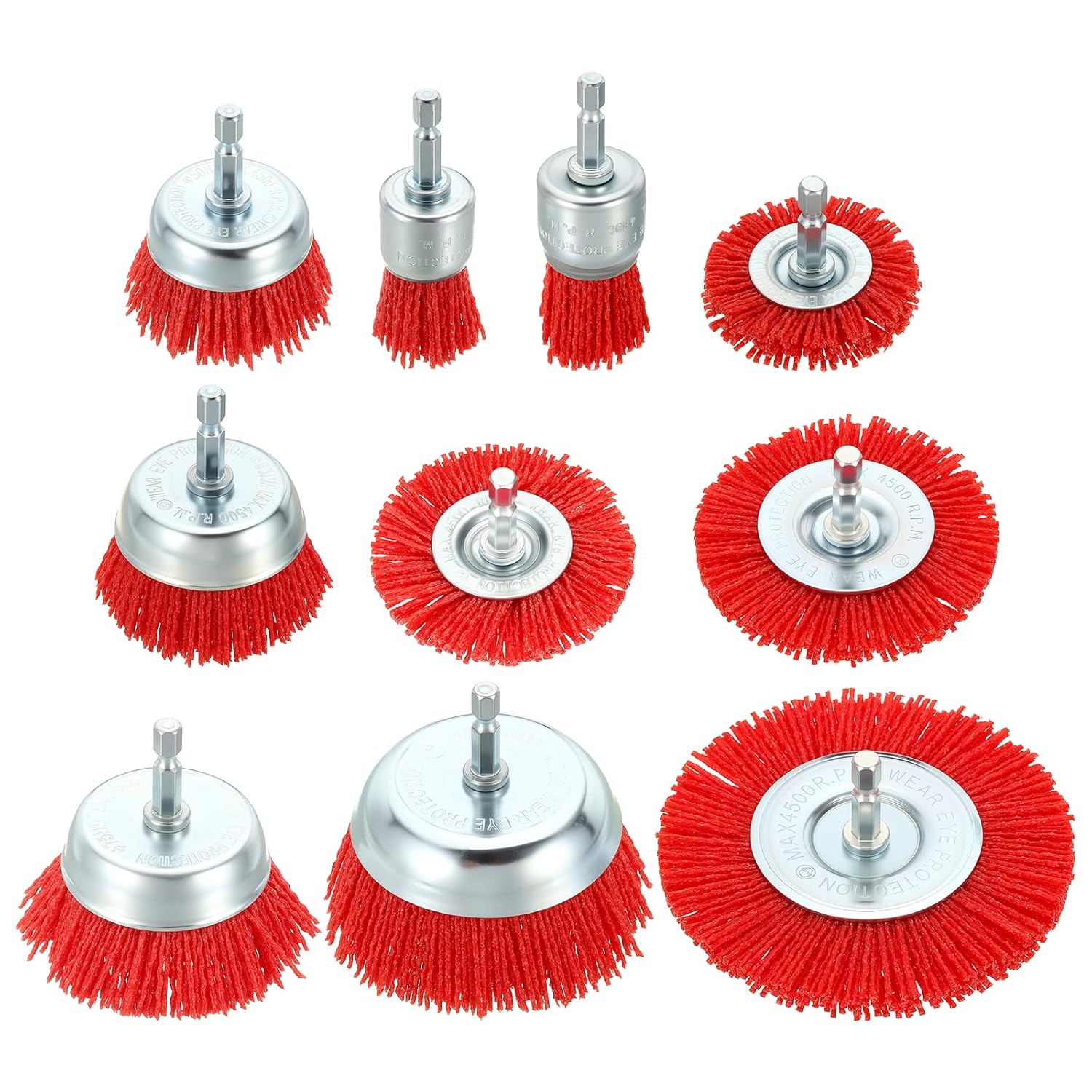 DTGN Wire Wheel Cup Pen Brush Set for Drill - 10 Pcs - Coarse Nylon Crimping Drill Wire Brush(0.05" Wires Size) - 1/4 Inch Hex Shank - Good for Cleaning Rust Paint Abrasive(1-4" Dia.)