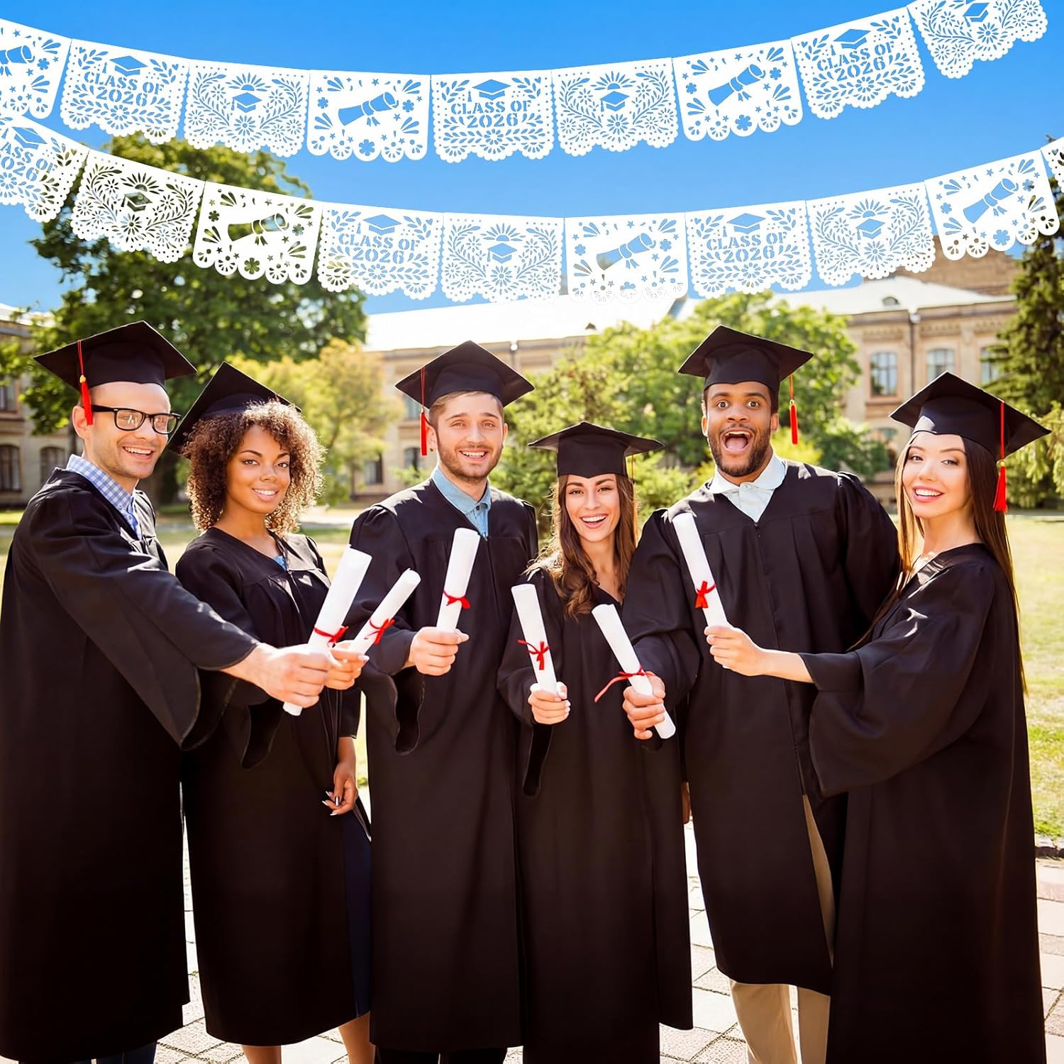 Hahafelt 6 Pack Plastic Mexican Graduation Banner 2026 Grad Papel Picado Party Decoration 118 Feet Black White Grad Cap Congrats Decoration Banner for Middle High Senior Party Supplies