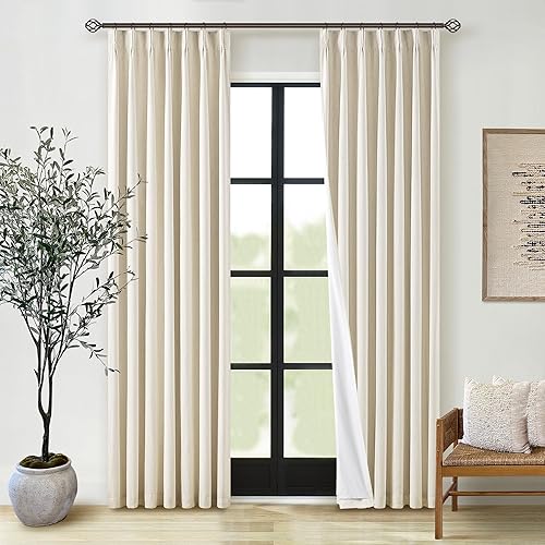 Miniatura 119 de Cortinas de lino 100% opacas de 90 pulgadas con pliegues de 2 paneles para sala de estar, con pestaña trasera plisada, cortinas oscuras con forma de
