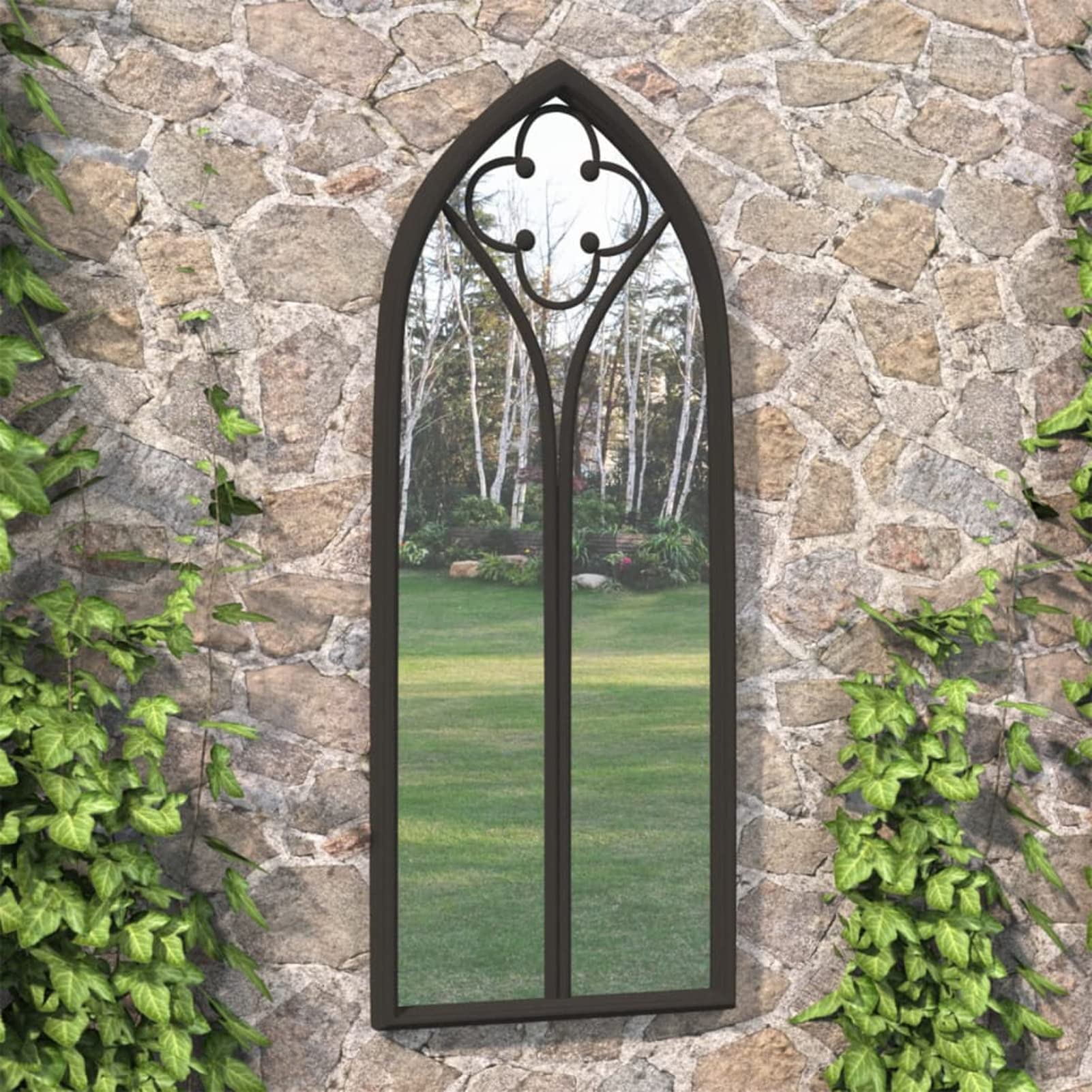 Miroir de jardin noir 70 x 30 cm en fer pour utilisation en extérieur - miroir de jardin pour fenêtre d'église, mobilier extérieur, effet pierre