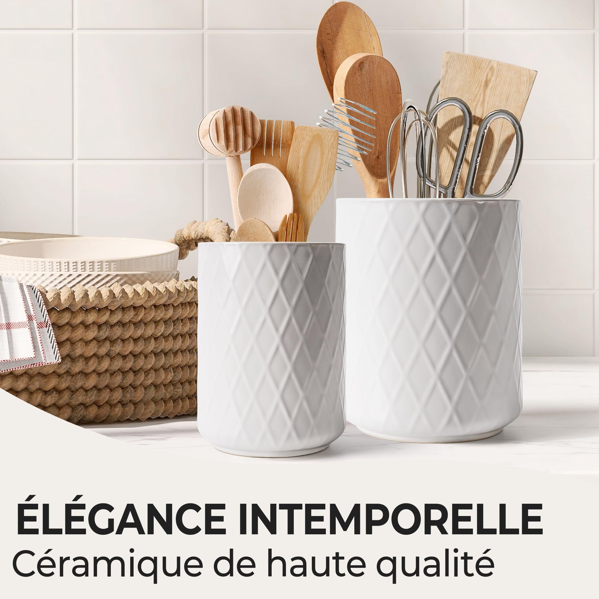 MIAMIO – Support d'Ustensiles de Cuisine en Céramique / Ensemble Organisateur de Cuisine, Décoration de Ferme pour l'Organisation du Comptoir et le Rangement des Couverts, Cuillères (Blanc)