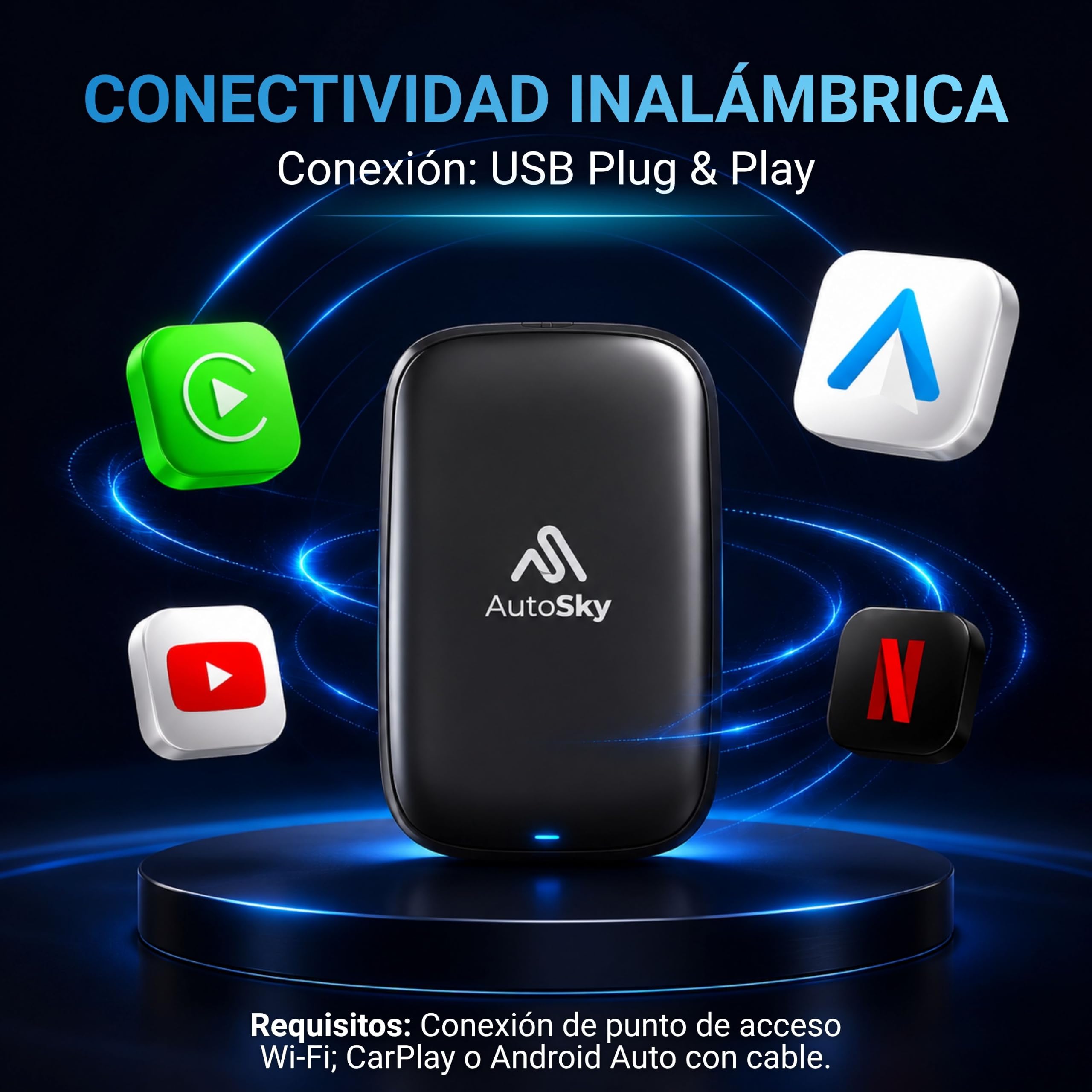 AutoSky Ai Box Lite Air - Streaming on The Go, Netflix y Youtube en tu Coche. Convierte tu CarPlay con Cable en CarPlay inalámbrico o Android Auto