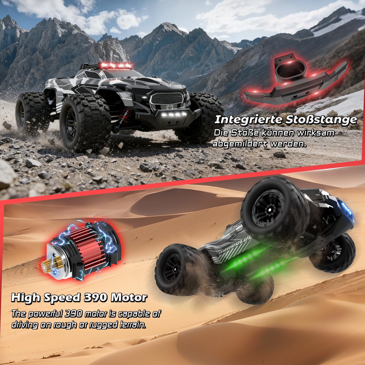 Voiture télécommandée 1/14 RC avec 7 lumières de couleur, 40 km/h, camion monstertruck Rc Truck, 2,4 GHz RC avec deux piles, 4WD étanche RTR tout terrain, poussette RC pour enfants et adultes
