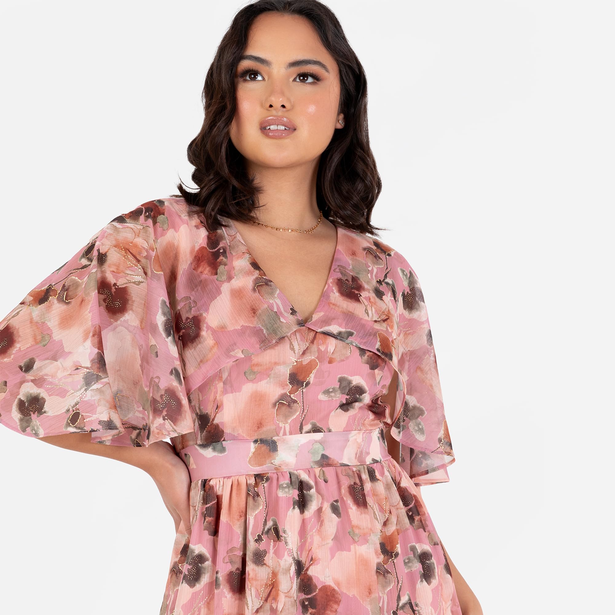 Lovedrobe Women's Maxi Dress Ladies Cape Sleeve V-Neck Ruffle Bow Tie Belt Asymmetric Seam Floral A-Line Wedding Guest Occasion Vestito, Blush Pink, 46 Donna