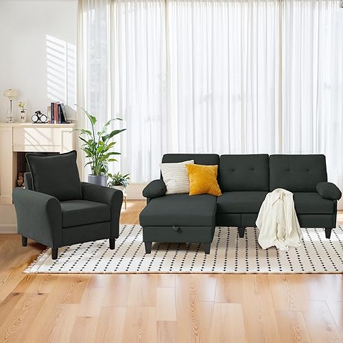 Miniatura 13 de Juego de 2 Piezas de Sofá Seccional Convertible para Sala de Estar, Sofá en Forma de L de 79" de 3 Asientos con Otomana de Almacenamiento y Silla