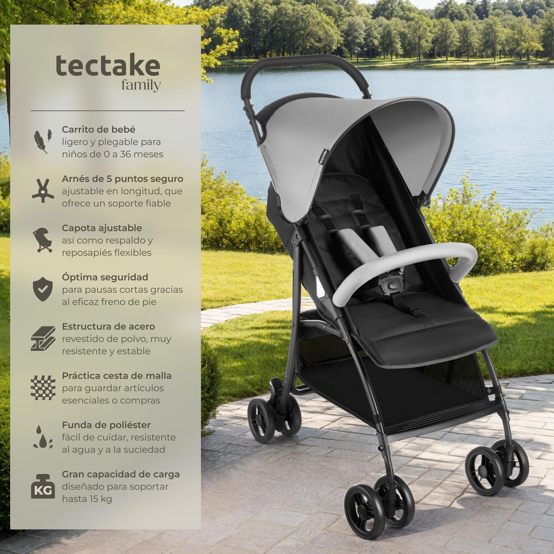 tectake® Carrito de Bebé Plegable, Cochecito Bebé con Arnés de 5 Puntos, Freno y Barra de Seguridad, Buggy con Respaldo y Reposapiés Ajustables, Capota Plegable, Apto de 0 a 36 Meses, 15 kg