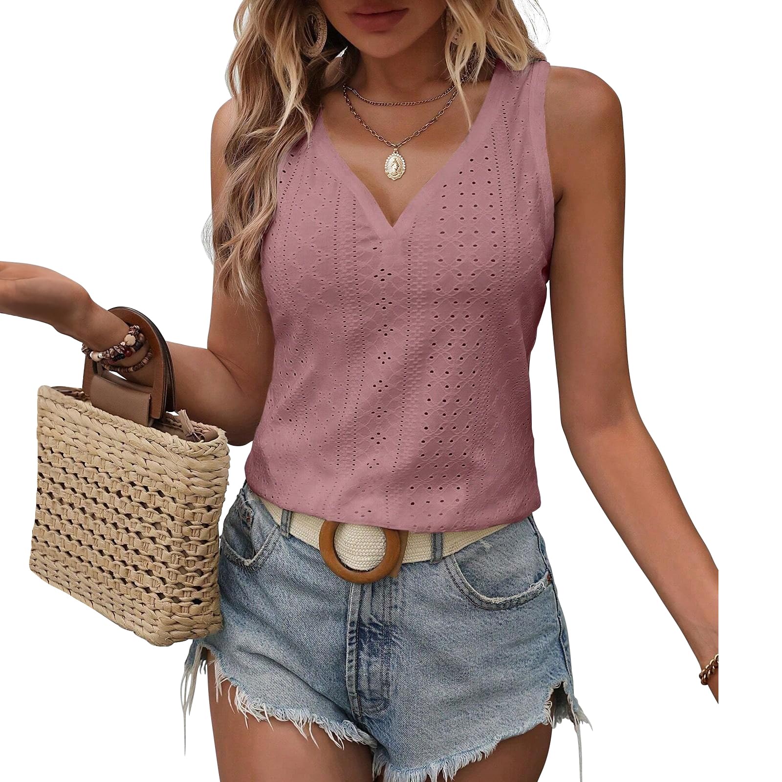 Womens Tank Tops Summer Tank Tops for Women 2024, V Neck Sleeve Embroidery Tops, Casual Loose Trendy Tops