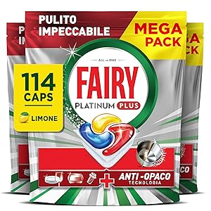 Fairy Platinum Plus Pastiglie Lavastoviglie, 114 Capsule, Limone, Detersivo Con Tecnologia Anti - Opaco, Contro Grasso e Incrostazioni Ostinate Anche nei Cicli Brevi