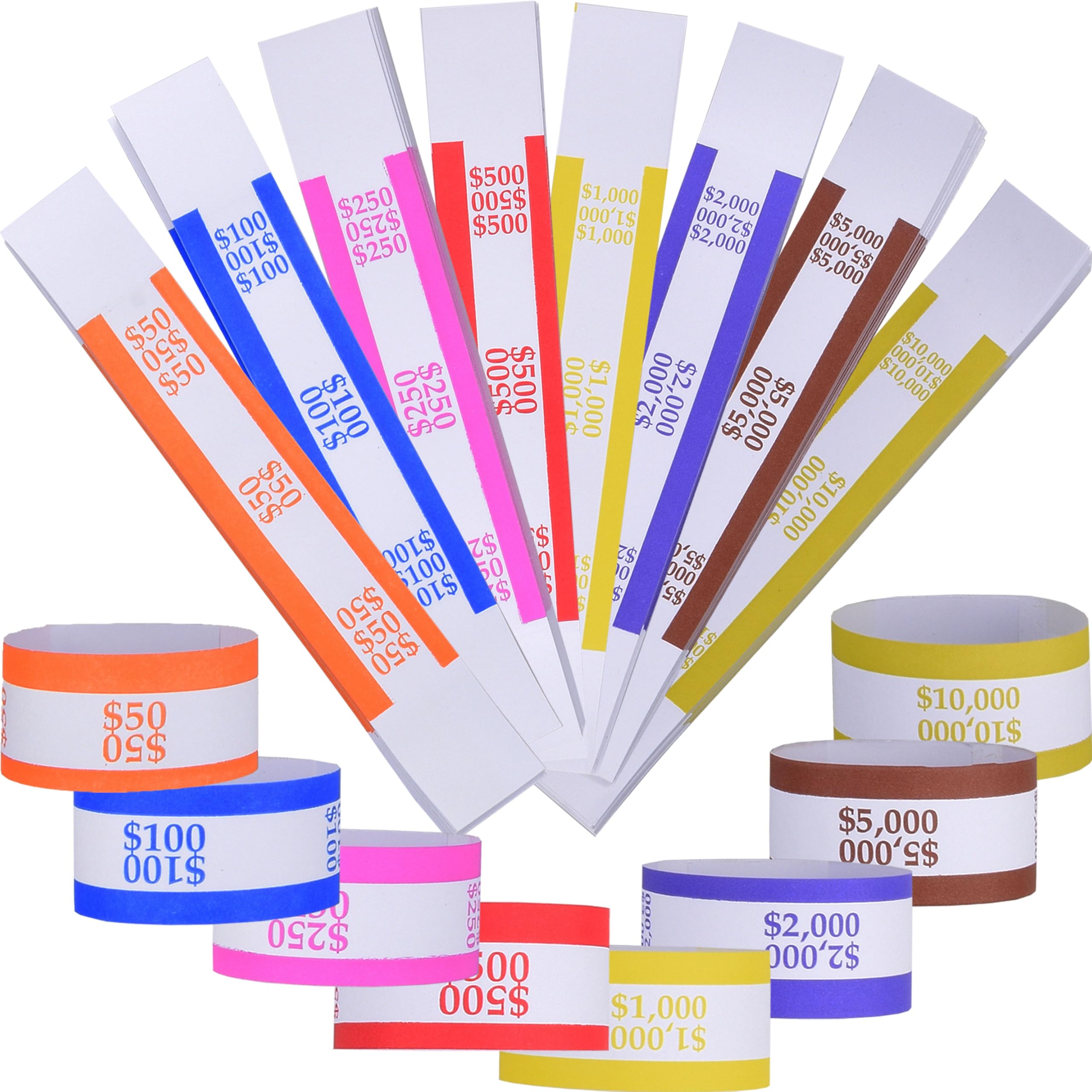 Queensell Pack of 800 Money Bands for Cash, Currency Straps, Money Straps for Bills, Cash Bands, Dollar Bill Wrappers to Organize Cash - Self-Adhesive Money Band, 8 Colors - 100 of Each Denomination