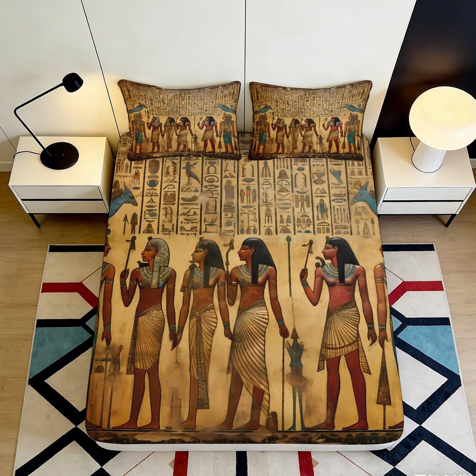 3D Printed Egyptian Hieroglyph Fitted Sheet Microfiber Soft Ancient Pharaoh Bed Cover for Bedroom Dorm Decor 90x200x25cm