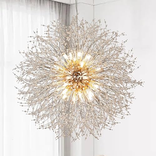 Miniatura 7 de Sputnik - Candelabros de cristal dorado de 9 luces, moderna luz colgante de diente de león, lámpara redonda pequeña, luces colgantes con cuentas