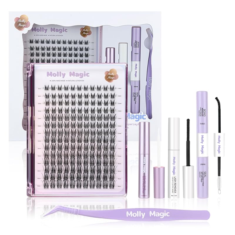 Kit de tufos de cílios Molly Magic Aphrodite com curvatura D, 8–18 mm, 140 unidades, adesivos, removedor e pinça