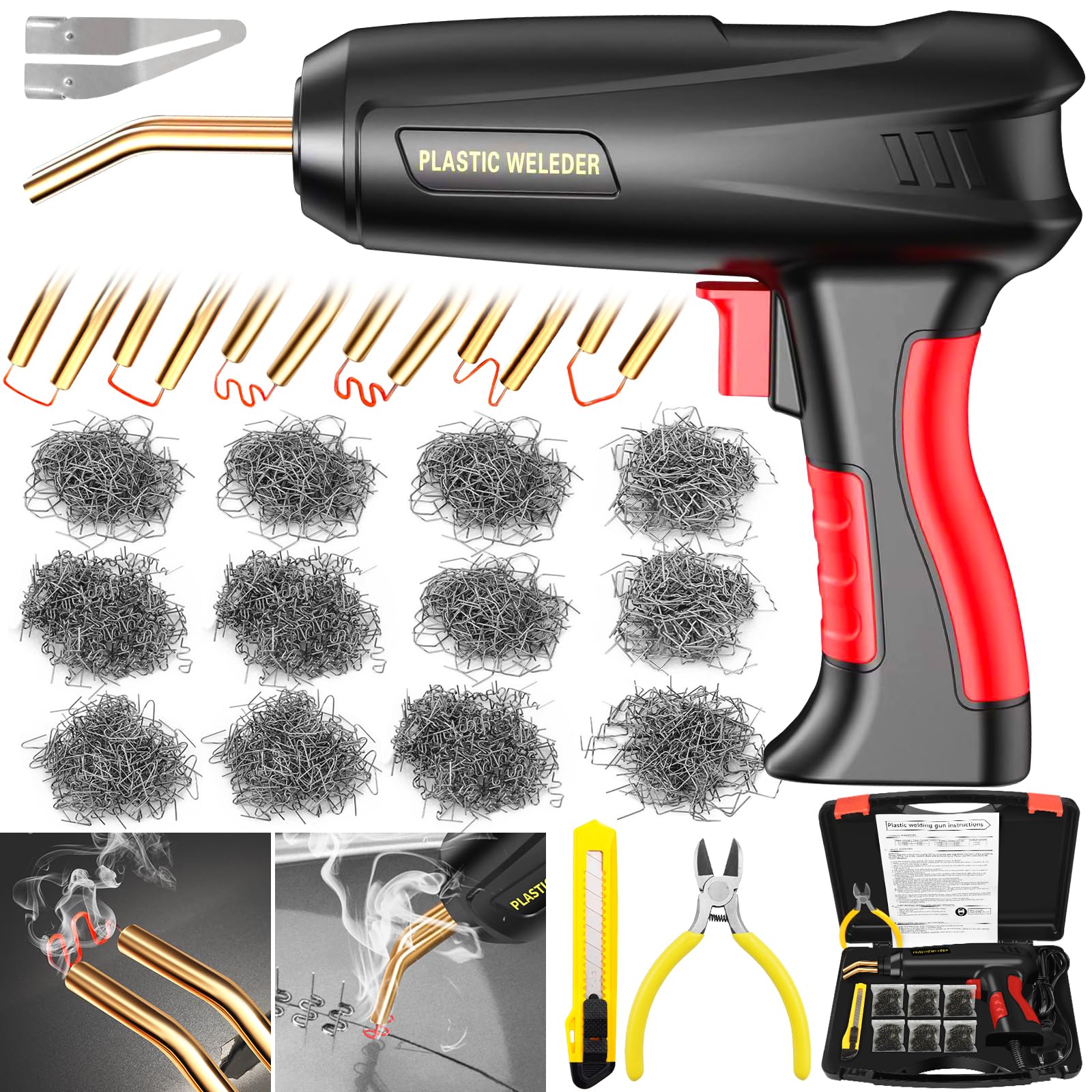 Soldador de Plástico 200W,Plástico Soldadura Máquina,2 en 1 Plástico Soldadura Reparando Kit,con 1000Pcs 6 Tipos Grapas,1Pcs Herramientas de Suavización para Reparación de Parachoques de Auto