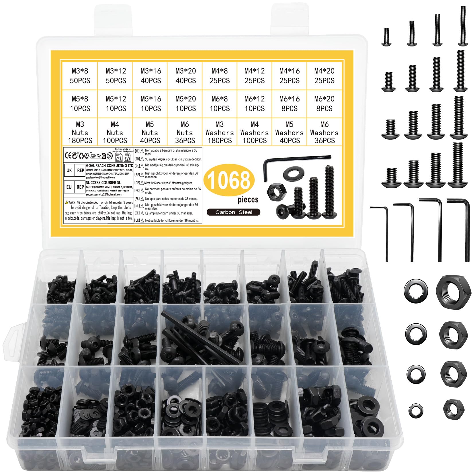 1068 PcsTornillos M3 M4 M5 M6, Tornillos de Cabeza Rounda Hexagonal, Tornillos i Tornacas i Arandelas, Tornillos Negros dla rowerów maszynowych Dom