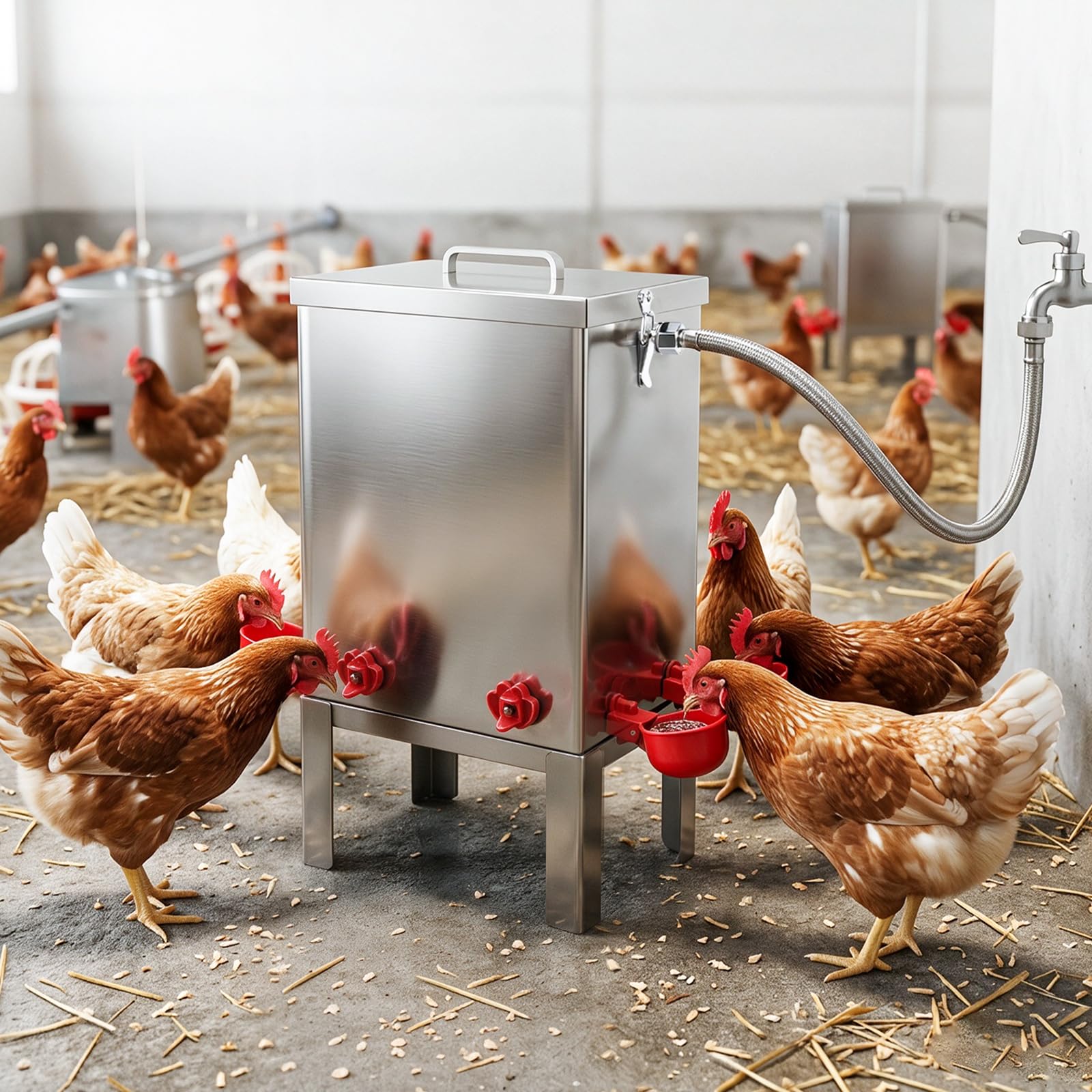 Bebedero AutomáTico para Gallinas de Acero Inoxidable 11 L | Bebedero para Aves con Cuenco de Agua, Soporte de Suelo y Manguera de ConexióN, Ideal para Gallinas, Codornices y Patos