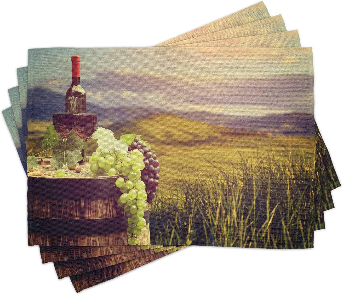 Ambesonne Wine Place Mats Set of 4, Italy Tuscany Landscape Rural Vineyard Autumn Harvest Grapes Drink Viticulture, Washable Fabric Placemats for Dining Room Kitchen Table Decor, Green Black Brown