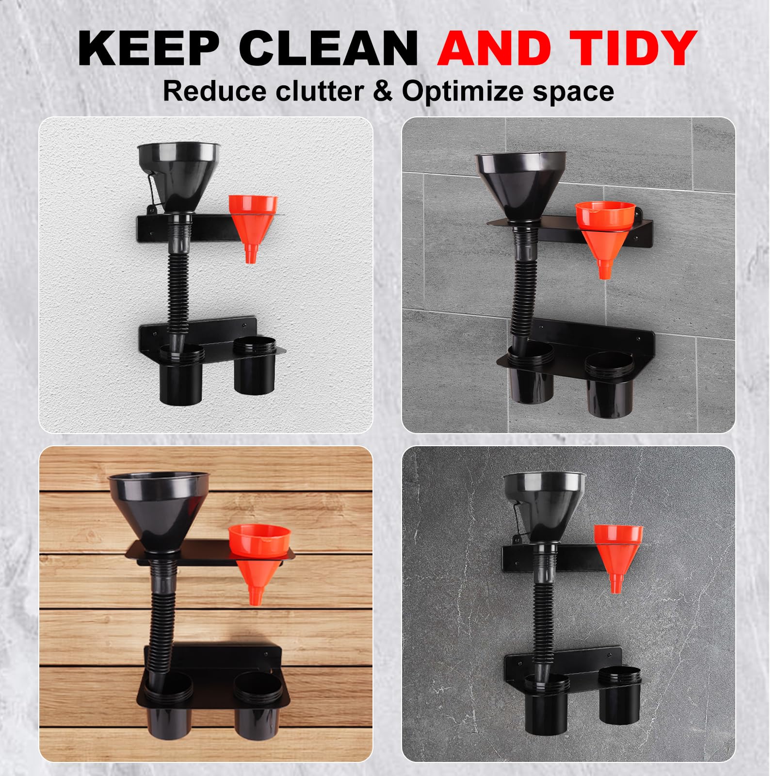 Soporte de doble embudo de aceite, incluye 2 vasos de goteo extraíbles de plástico, kit de embudo de drenaje de líquido de montaje en pared, soporte organizador para remolques de carreras