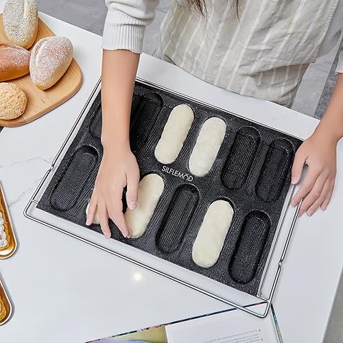 Miniatura 3 de SILFLEMOD Molde de silicona para baguette francés, molde perforado para hornear, mini molde para sándwich de pan de 12 panes antiadherentes para