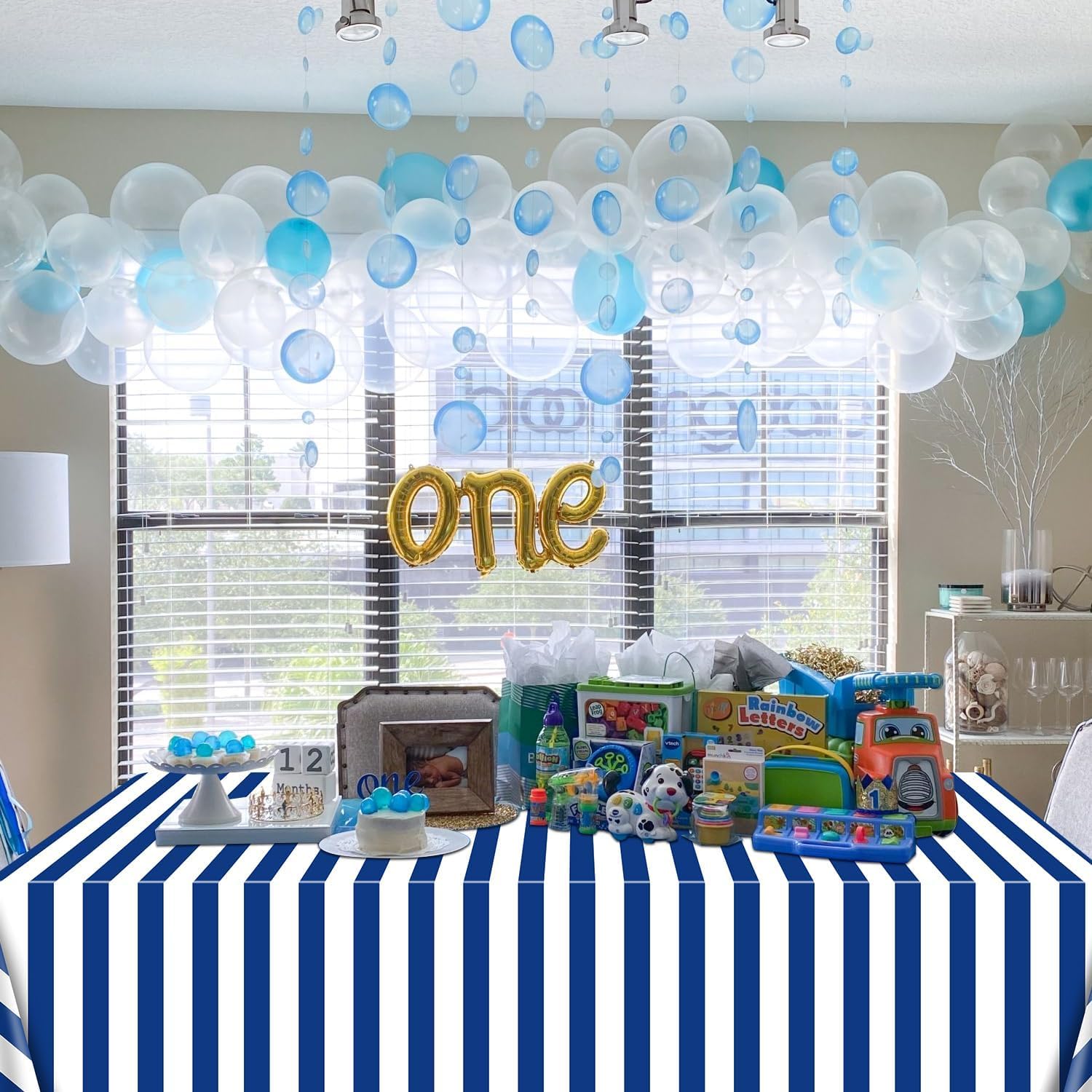 4 Pcs Navy Blue and White Striped Tablecloths Nautical Tableccover Blue Stripes Plastic Table Decorations for Nautical Ocean Theme Party, Boy's 1st Birthday, 51 x 86in image 4