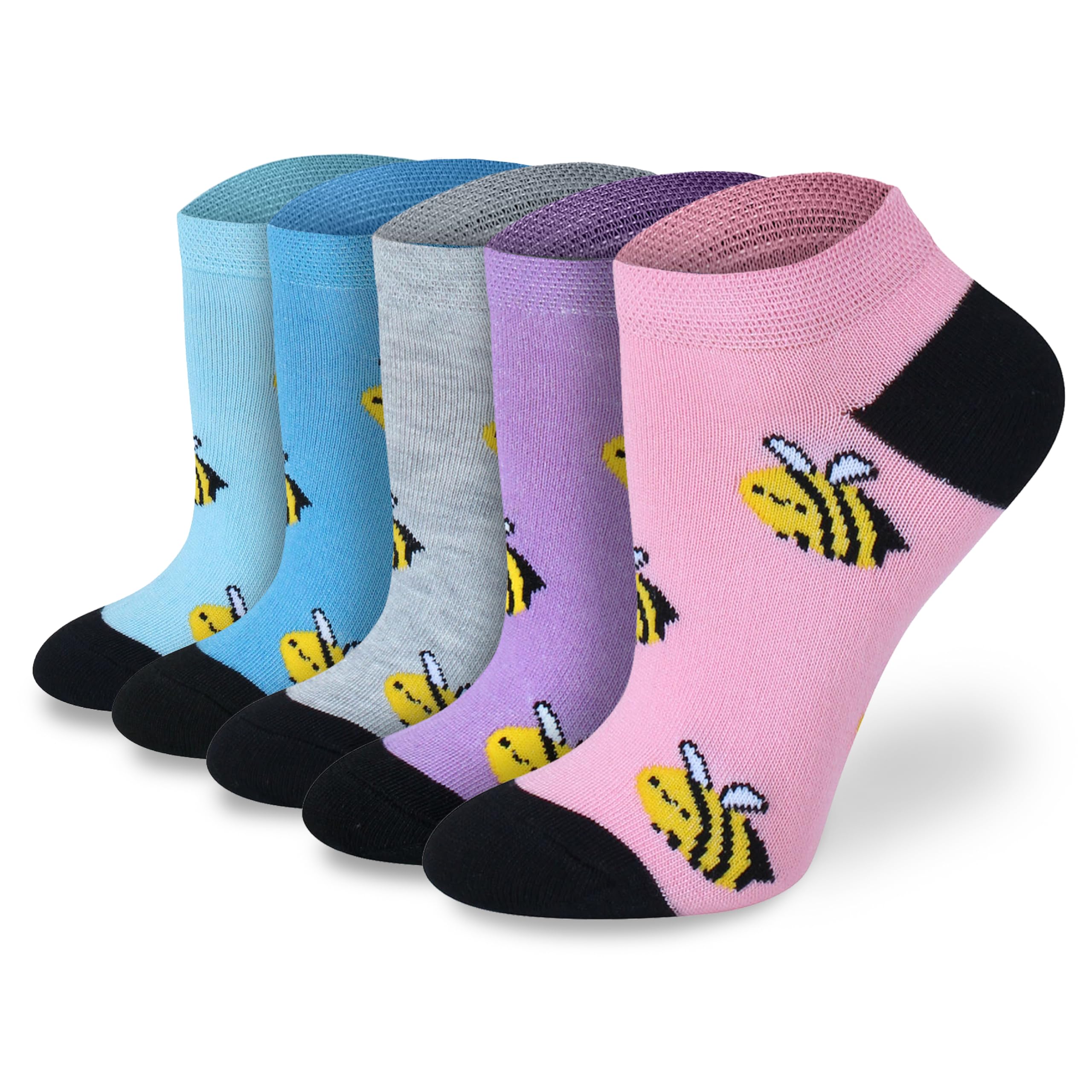 Socksmad Women's Bees Trainer Socks Size 4-7 - Coloured Heel & Toe Black Multipack - Sports Socks - Cotton-Rich, Summer Trainer Liners - Wardrobe Essentials - 5 Pair