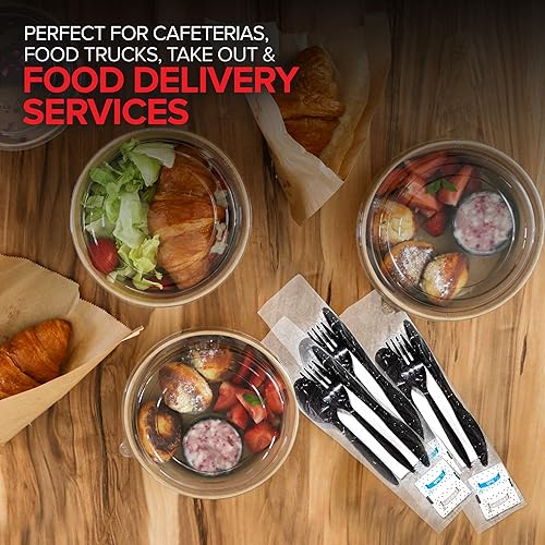 Miniatura 5 de Juego de cubiertos de plástico envueltos individualmente con servilleta + paquetes de sal y pimienta en negro (250 unidades) bolsas de cubiertos