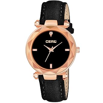 CERO Black Four Point Dial Leathers Strap Analog Women and Girls Watch