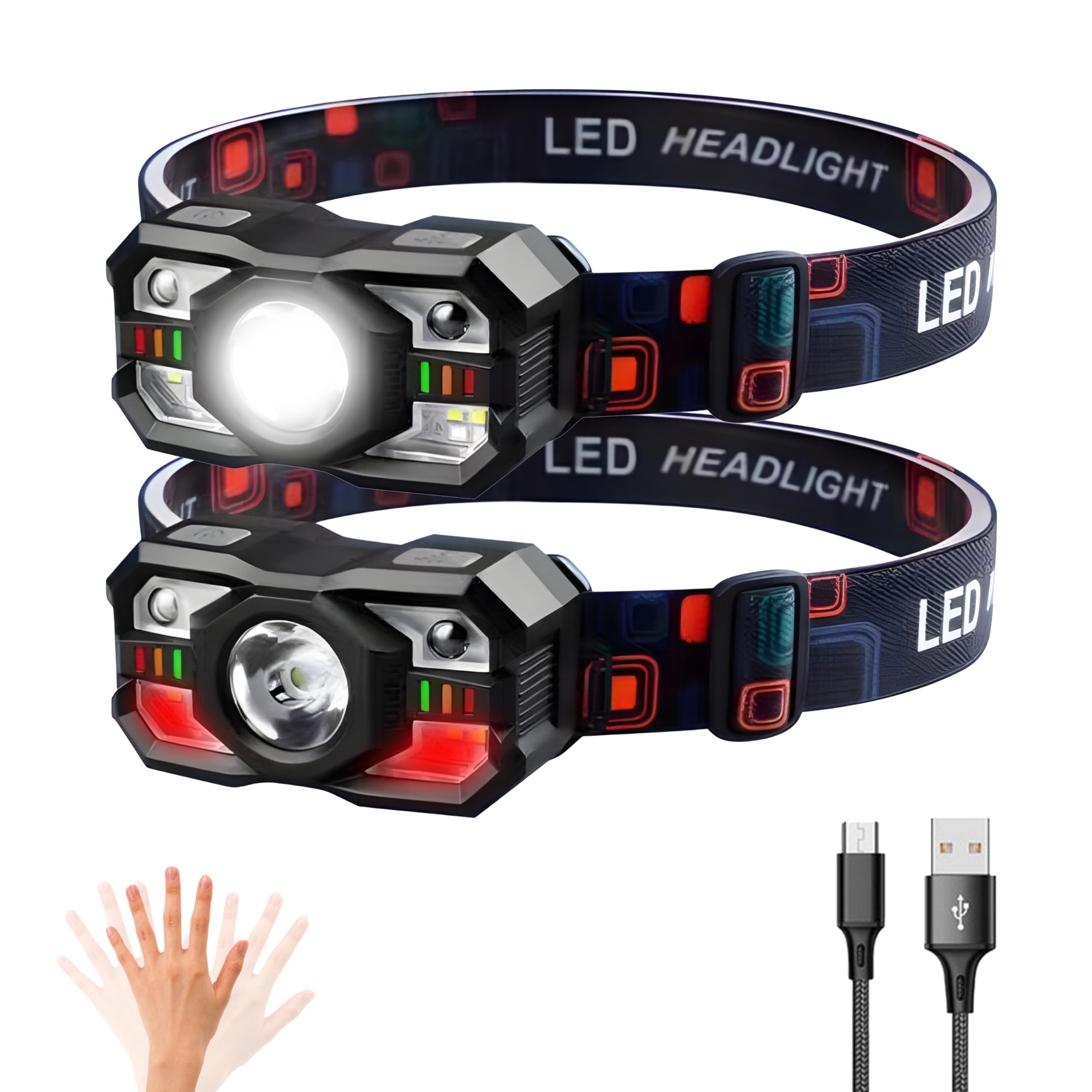 Smart Sensing Stirnlampe – 10 W LED-Scheinwerfer mit Wellensteuerung, COB-Zusatzlicht, rotes Warnlicht, Typ-C-Schnellladung, 15 Stunden Laufzeit für Camping/Angeln/Bergbau (tggyd001)